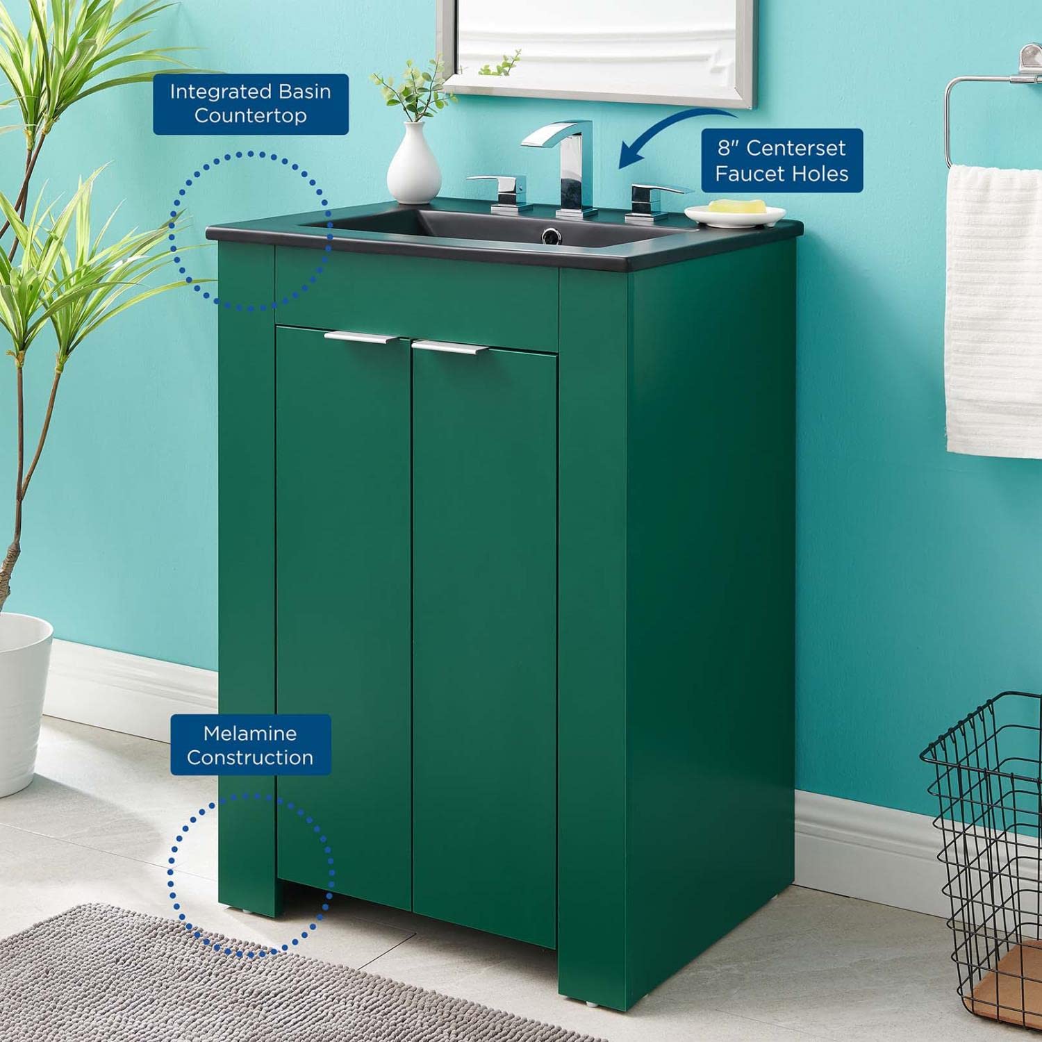 Modway Maybelle 24-Inch Bathroom Vanity with Sink - Green & Black Finish for Modern Powder Rooms & Small Bathrooms