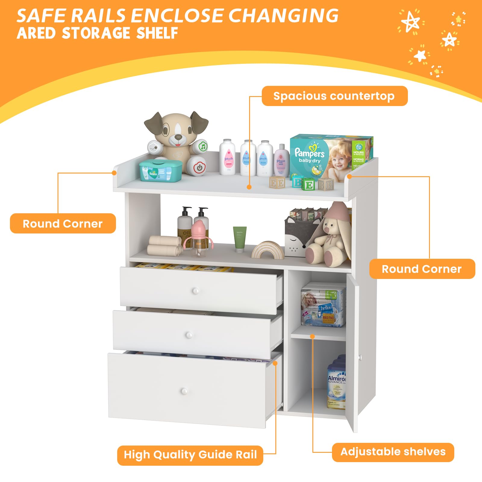 Baby Changing Table Dresser with Wide Tabletop - 3 Drawers & 1 Cabinet Storage - Nursery Organizer with Changing Pad Area - Perfect for Baby Bedrooms, Daycare & Gift Registry Essentials