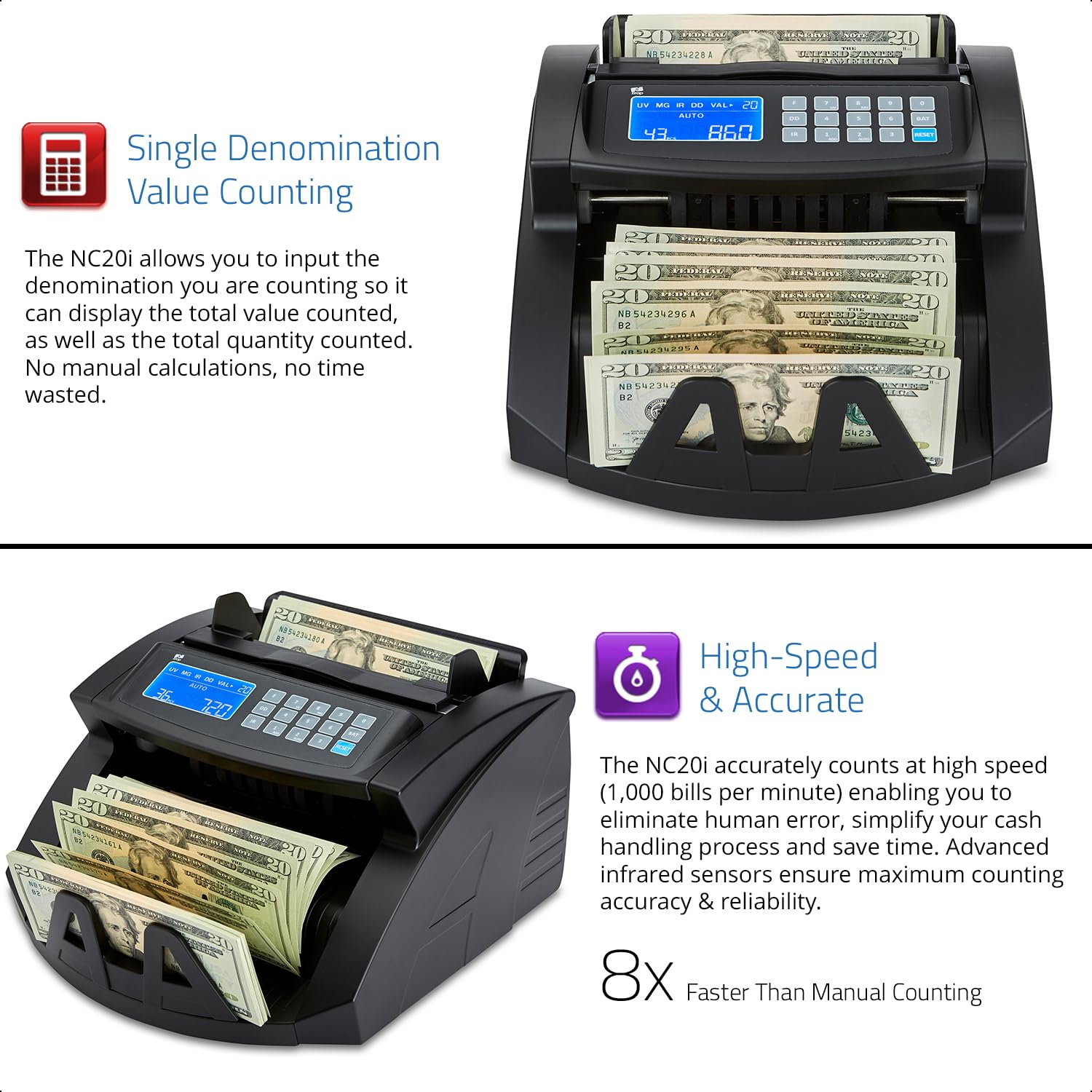 ZZap NC20i Bill Value Counter & Counterfeit Detector Machine - Fast & Accurate Currency Counting with UV/MG/IR Detection - Perfect for Banks, Retail Stores, and Cash-Intensive Businesses