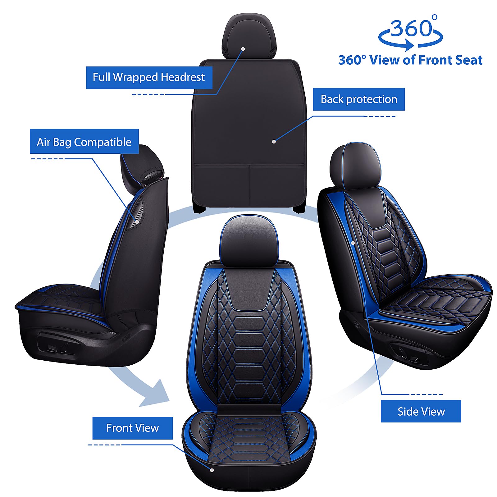 Premium Leather Car Seat Covers Full Set - Universal Fit for 5 Seats, Airbag Compatible & Durable Protection (Black & Blue) | Perfect for SUVs, Sedans & Family Vehicles
