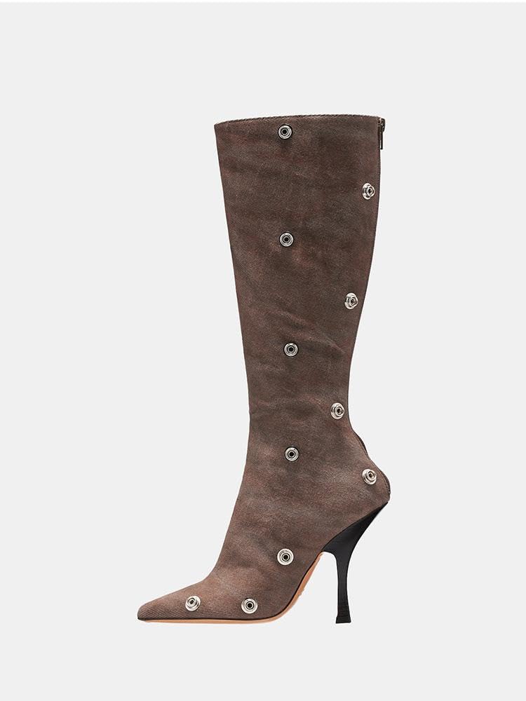 AMINUGAL Women's Knee High Boots - Pointed Toe Stiletto Heels, Wide Calf & Ruched Design with Detachable Buttons | Black Fashion Boots for Office, Party & Night Out