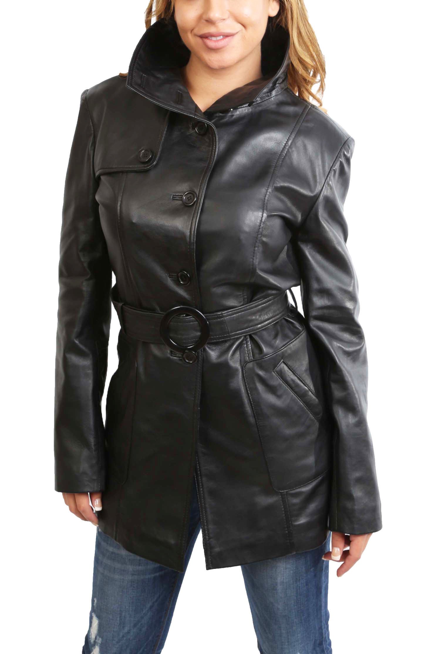 Women's Genuine Leather Black Trench Coat with Waist Belt | Mid-Length Parka Jacket by Alba | Perfect for Fall Fashion, Office Wear & Outdoor Activities