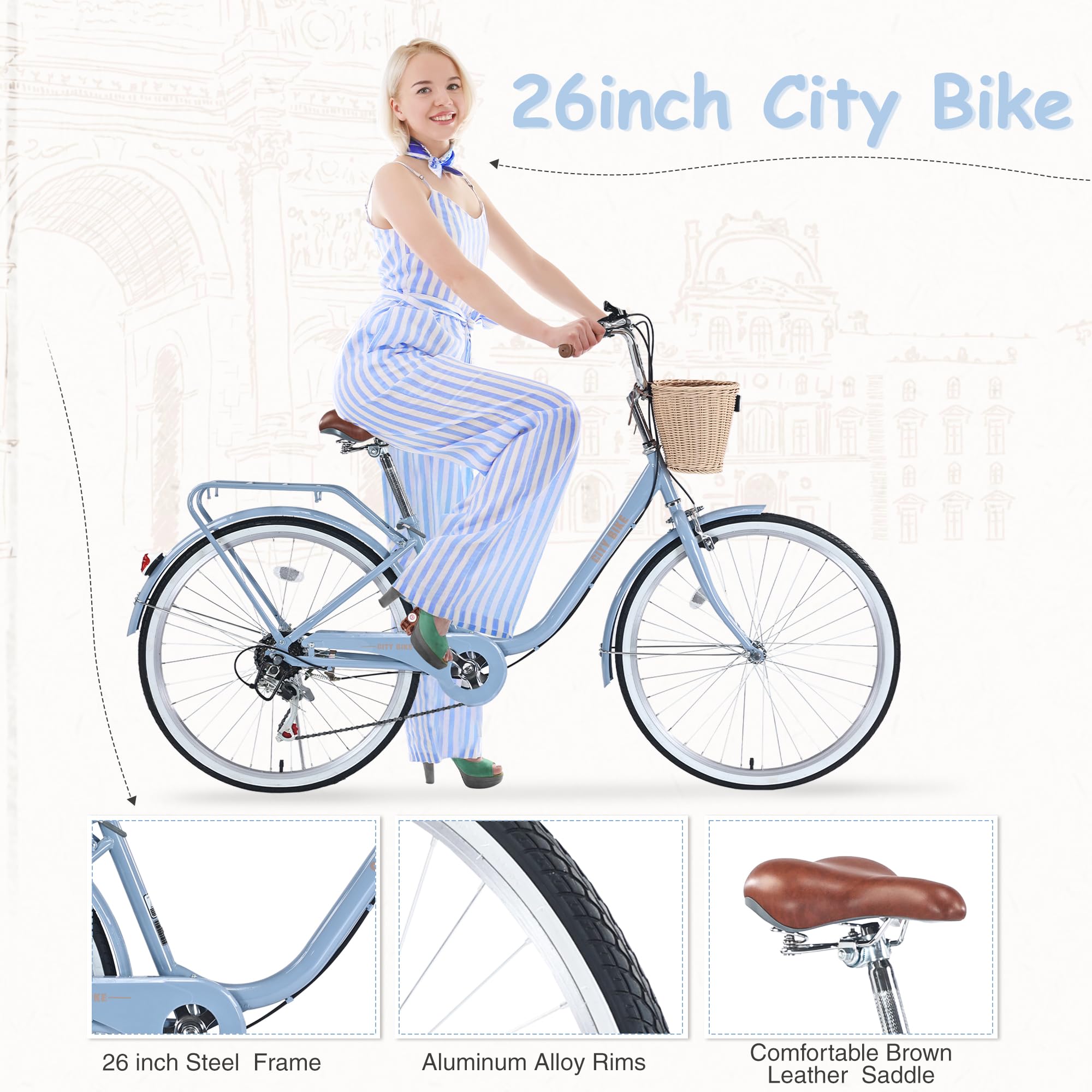 22/26 Inch Women's Beach Cruiser Bike - 7-Speed Hybrid City Bicycle for Women & Men - Commuter Bike for Adults - 4 Color Options - Perfect for Beach Rides, City Commuting & Leisure Cycling