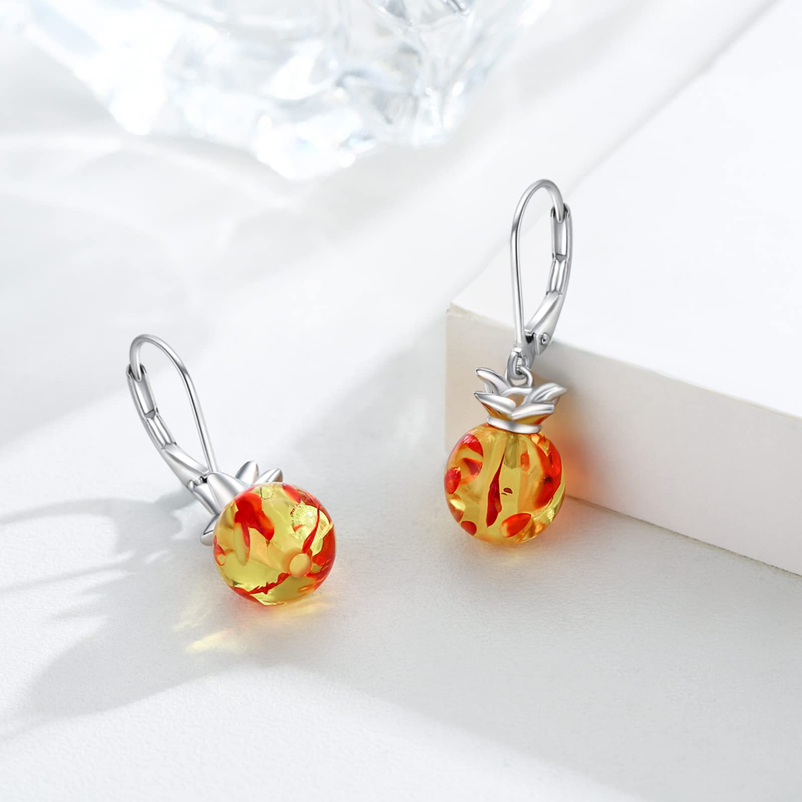 925 Sterling Silver Pineapple Dangle Earrings for Women | Hypoallergenic Summer Beach Jewelry | Amber Fruit Fashion Earrings | Perfect Gift for Vacation, Pool Party & Tropical Outfits
