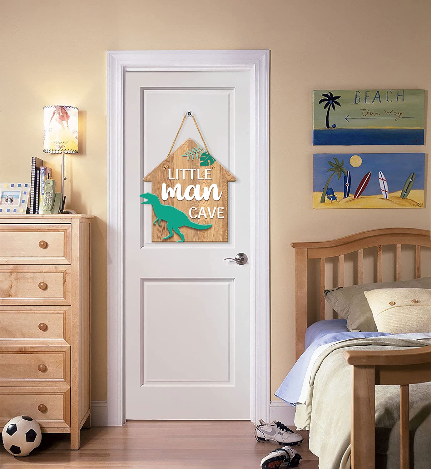 Dinosaur Room Decor for Boys - Hanging PVC Plastic Sign for Bedroom, Playroom & Nursery - Little Man Cave Theme - 11.8x11 Inch Kids Wall Art - Perfect for Birthday Gifts & Boys' Room Decoration