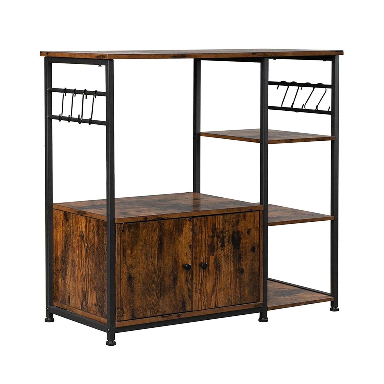 4-Tier Microwave Storage Rack with Cabinet & 8 Hooks - Space-Saving Kitchen Organizer for Baking Supplies & Utensils - Perfect for Small Kitchens, Apartments & Dorm Rooms