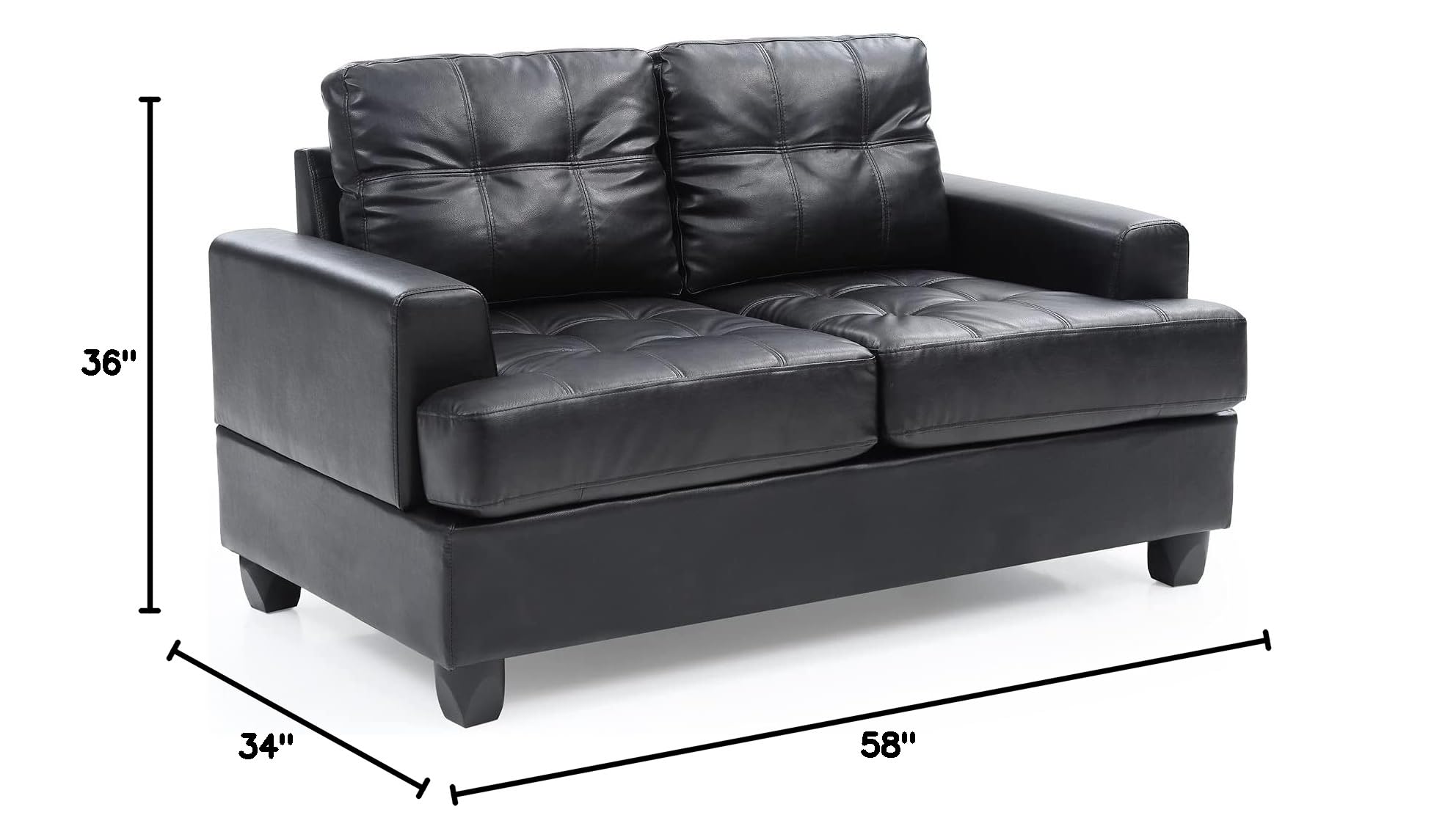 Glory Furniture Sandridge Faux Leather Loveseat in Black - Modern Small Sofa for Living Room, Apartment & Office