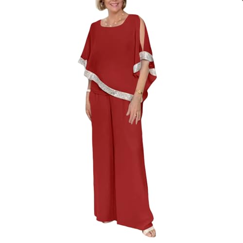 Lady Red Chiffon Wedding Guest Pantsuit