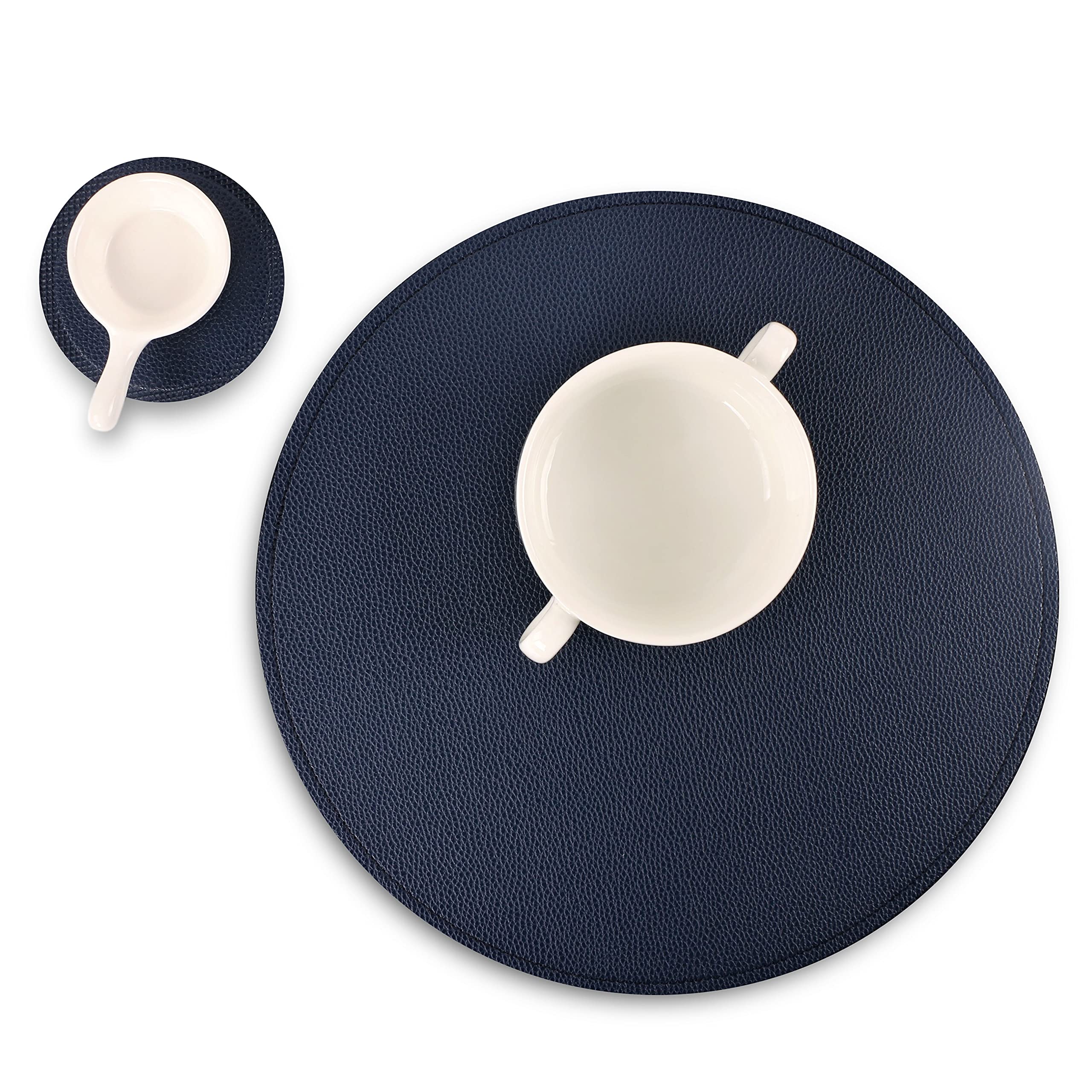6-Pack Waterproof Faux Leather Round Placemats and Coasters Set - Easy Clean Kitchen Table Mats for Dining Room, Coffee Bar & Home Decor - Perfect for Everyday Use, Dinner Parties & Entertaining