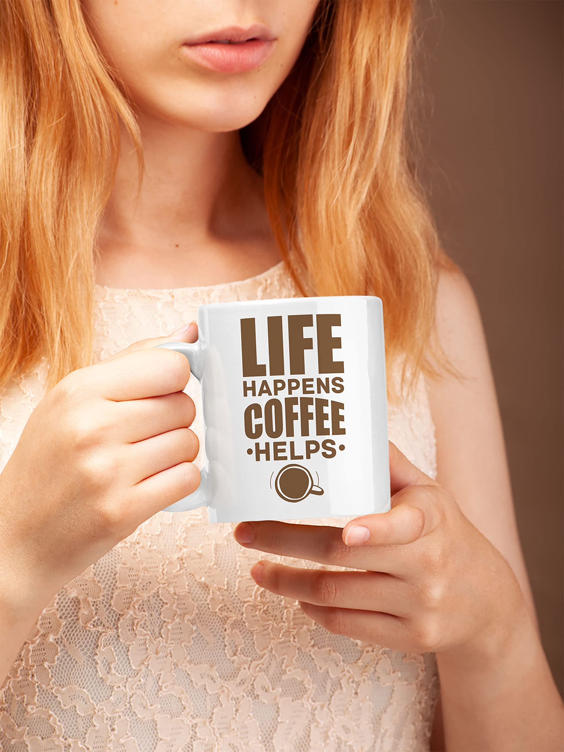 Inspirational 'Life Happens, Coffee Helps' Quote White Ceramic Coffee Mug - 15oz for Tea & Hot Drinks - Perfect for Office, Home & Gifts