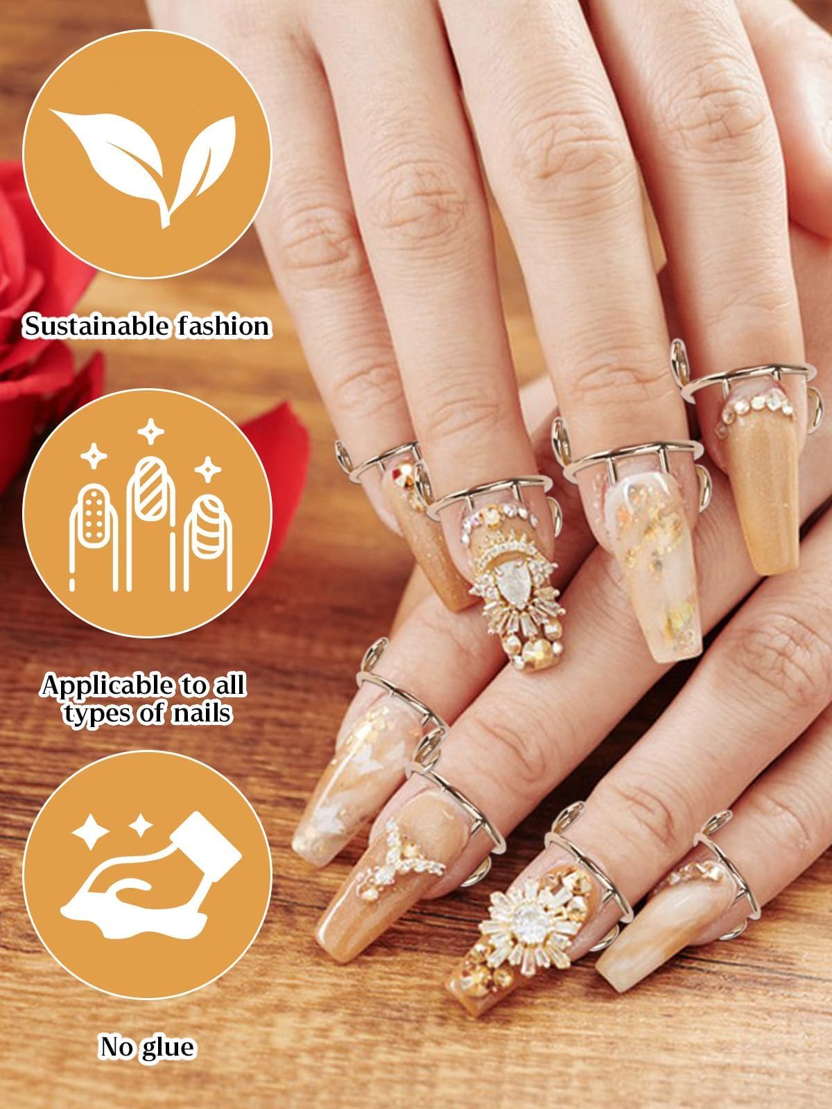 20PCS Adjustable Reusable Nail Rings for Women - Gold Detachable Nail Art Decorations with Adhesive Tabs | Perfect for Acrylic Nails, Manicures, Parties & DIY Nail Art Designs