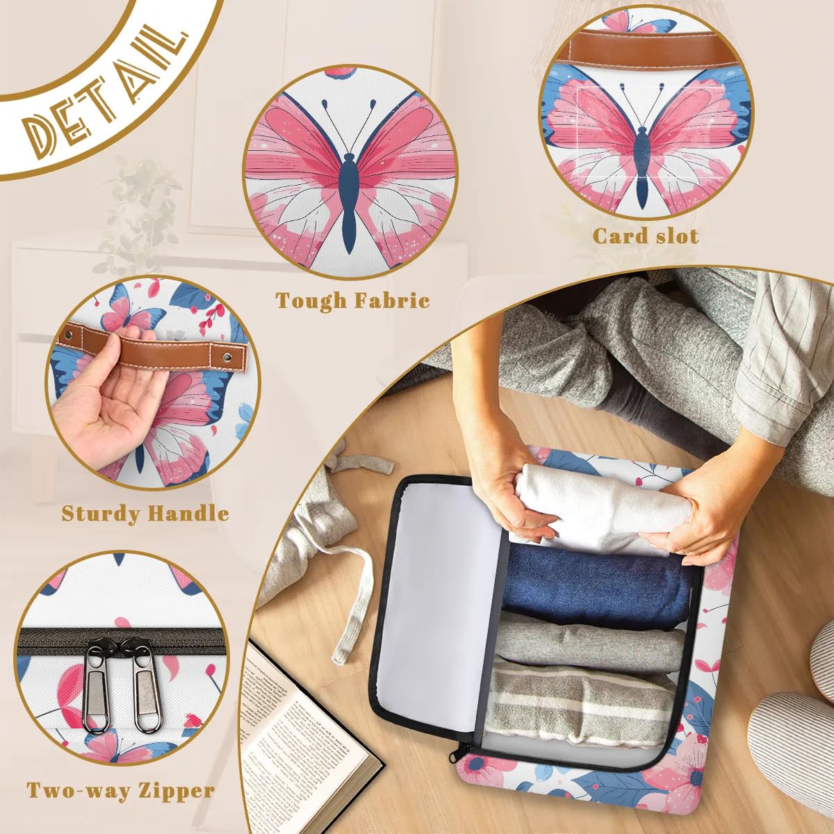 2-Pack Stackable Storage Bins with Zipper Lid & Metal Frame - Butterfly Flower Design Closet Organizer Cubes with PU Handles | Perfect for Clothes, Toys, and Home Organization