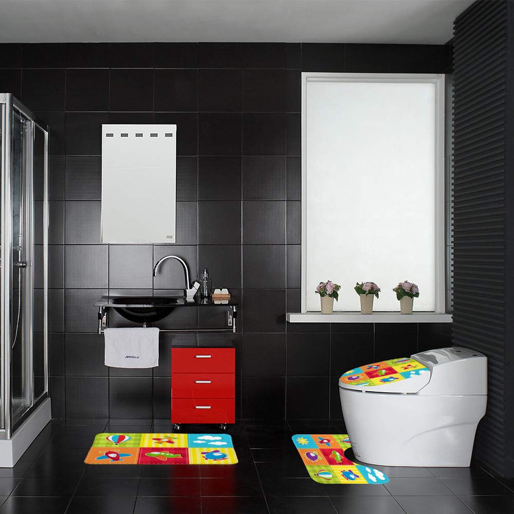 3-Piece Bath Rug Set - Anti-Slip Absorbent Bath Mats, Toilet Lid Cover & U-Shaped Contour Rug | Machine Washable, Quick-Dry Patchwork Design | Perfect for Bathroom Safety and Comfort