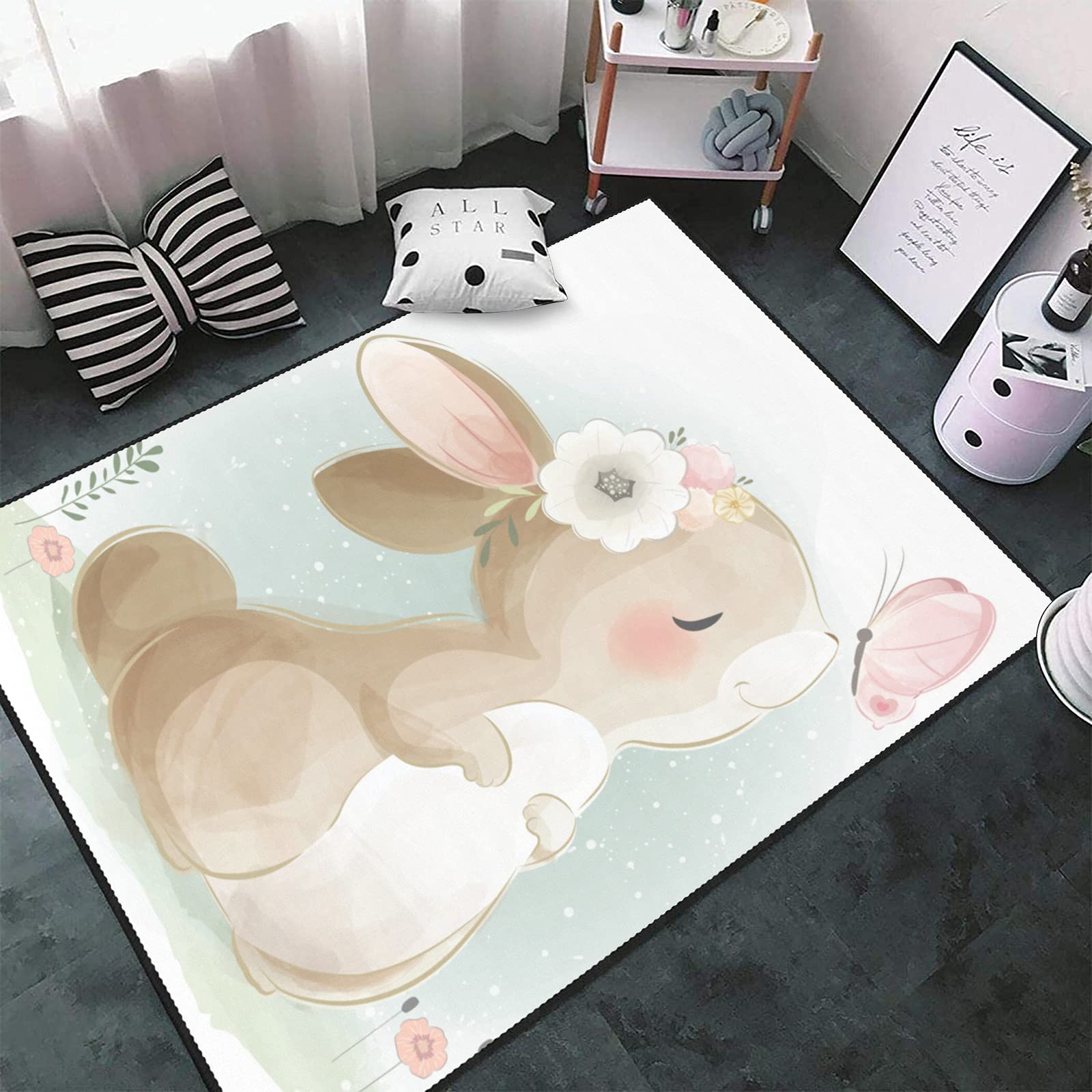 Premium Non-Slip Bunny Rabbit Butterfly Area Rug 5.2'x7.5' - Soft Kids Nursery Carpet, Playroom Floor Mat for Bedroom, Living Room & Home Decor (Cute Animal Design)