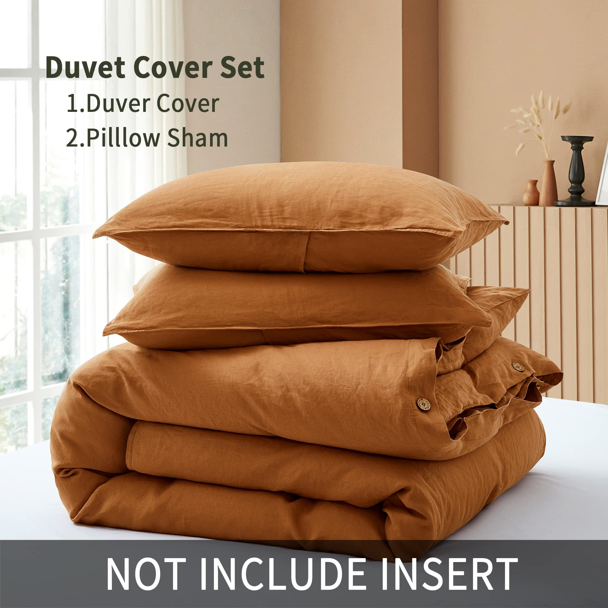 ATLINIA 100% French Flax Washed Linen Duvet Cover Set - King Size Rust Farmhouse Style (1 Duvet Cover + 2 Pillow Shams) | Breathable & Soft Bedding for Cozy Bedroom Decor
