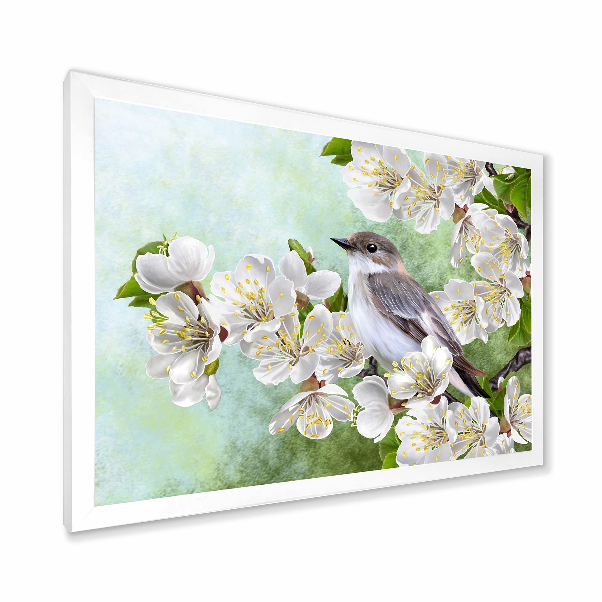 Gray Bird on Blossoming Tree Branch - Traditional Framed Wall Art Decor for Living Room, Bedroom & Office