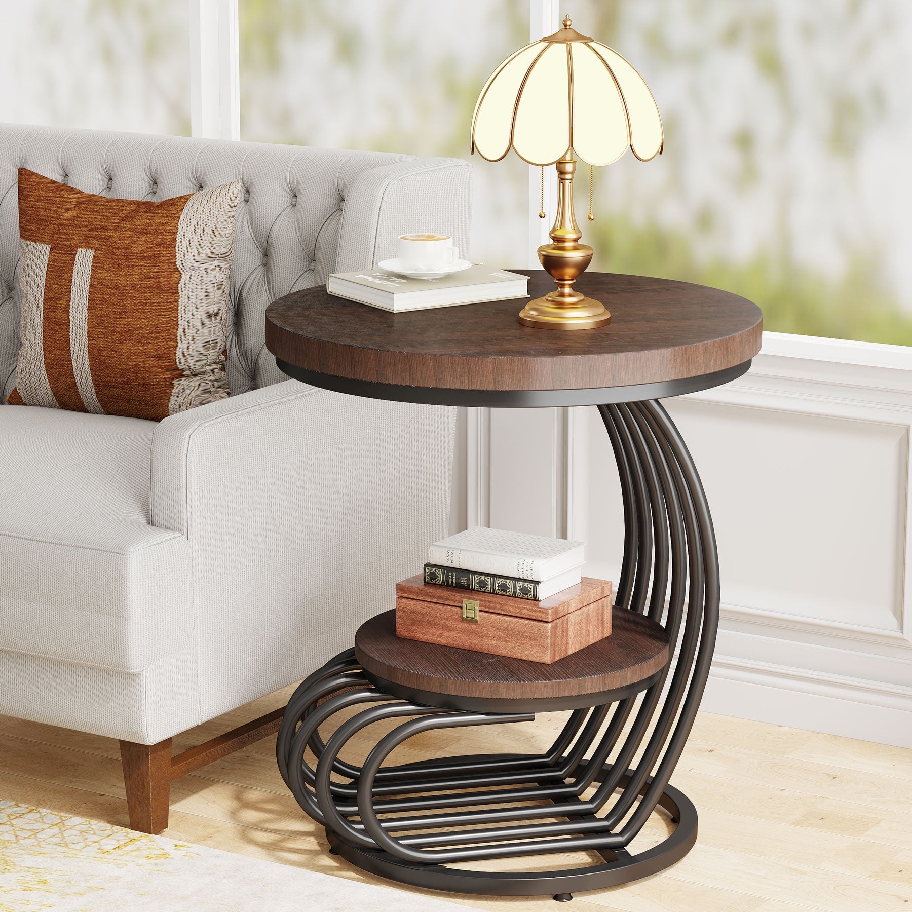 Round End Table with Storage Shelf - 2-Tier Faux Marble Side Table for Living Room, Bedroom & Office - Modern Accent Table with Sturdy Metal Frame for Home Decor