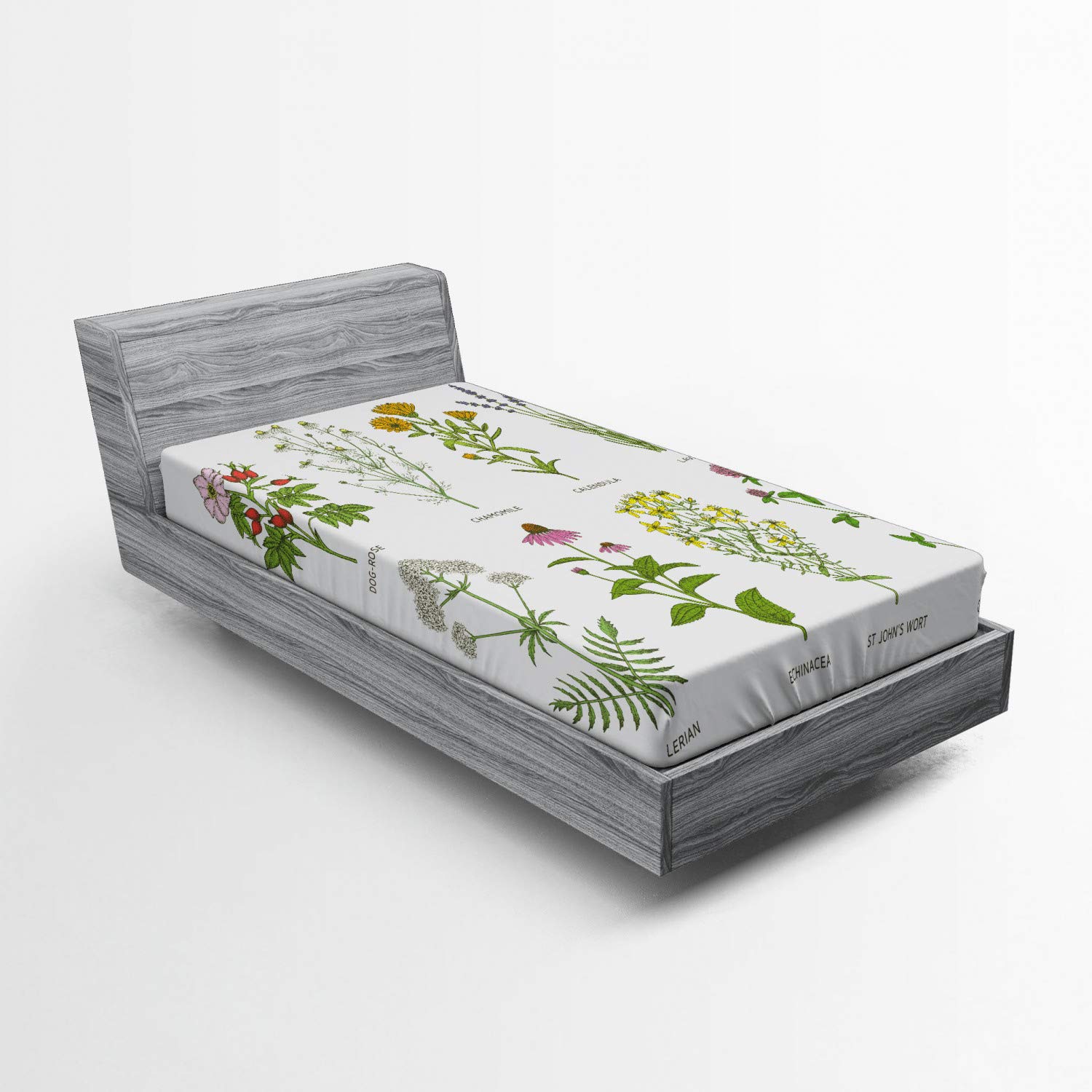Ambesonne Herb Fitted Sheet - Natural Botanical Flowers Design with Dog-Rose, Chamomile, Calendula & Lavender - Deep Pocket Elastic Twin XL Bed Sheet Set - Perfect for Guest Rooms, Dorm Decor & Cozy Bedroom Makeovers