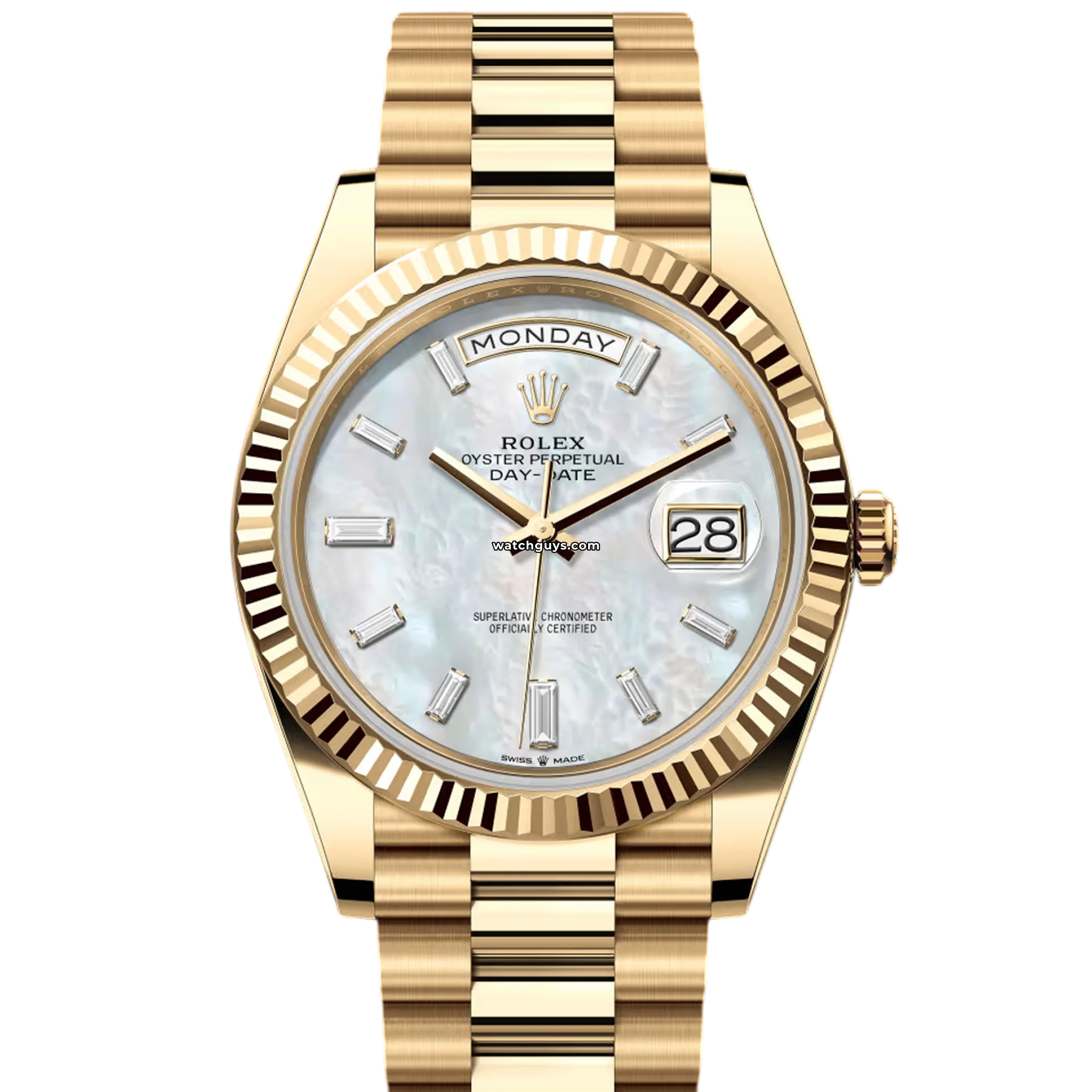Rolex Day Date 228238 18K Yellow Gold Watch with White Mother of Pearl Diamond Dial - Luxury Dress Watch for Business & Formal Occasions