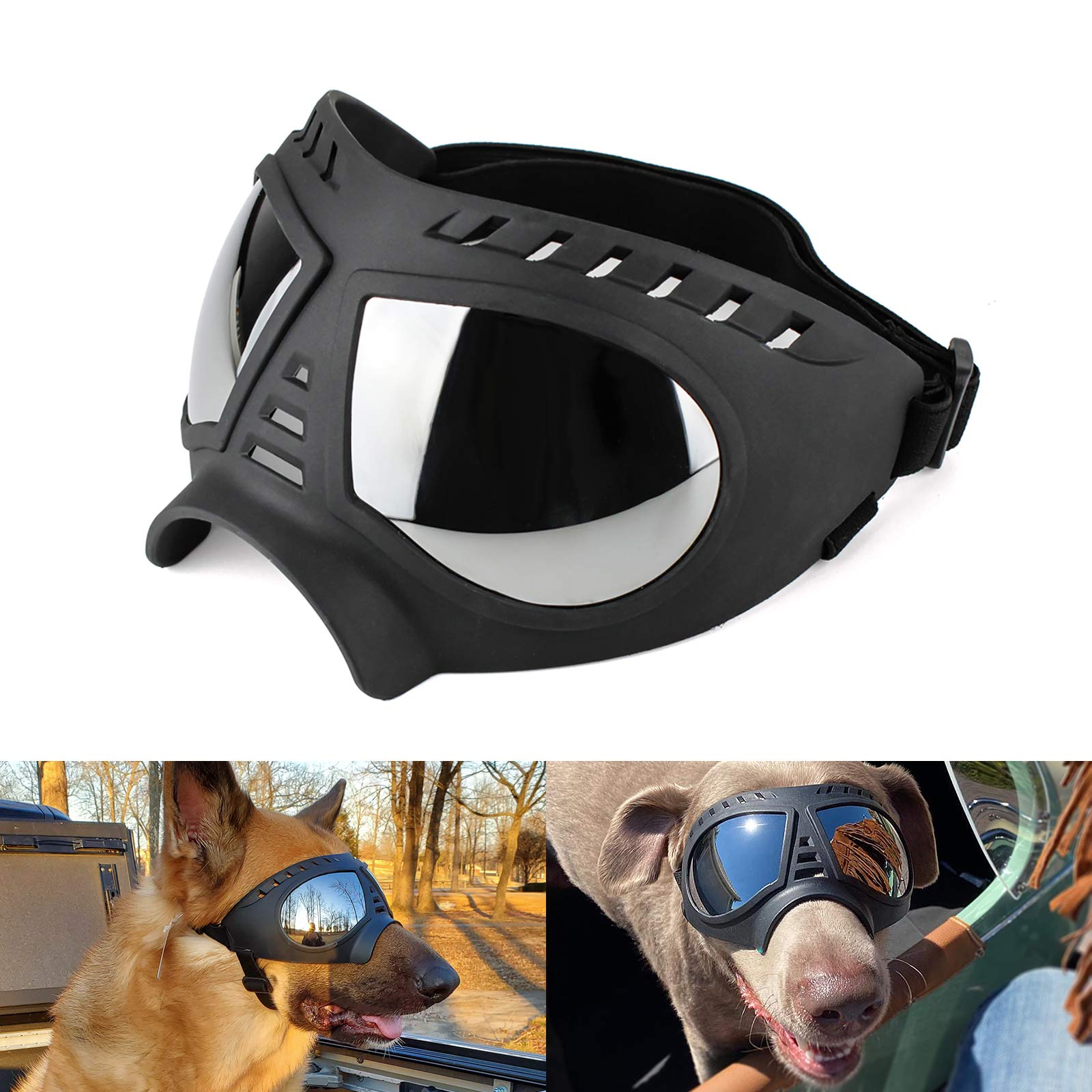 **Namsan Dog Goggles for Large Dogs – UV Protection, Soft Frame, Adjustable Fit – Tactical Dog Sunglasses for Summer Driving & Winter Snow – Medium to Large Breeds with Wide Snout (Black)**    *Perfect for outdoor adventures, beach trips, hiking, and snowy terrain to keep your dog's eyes safe and comfortable!*