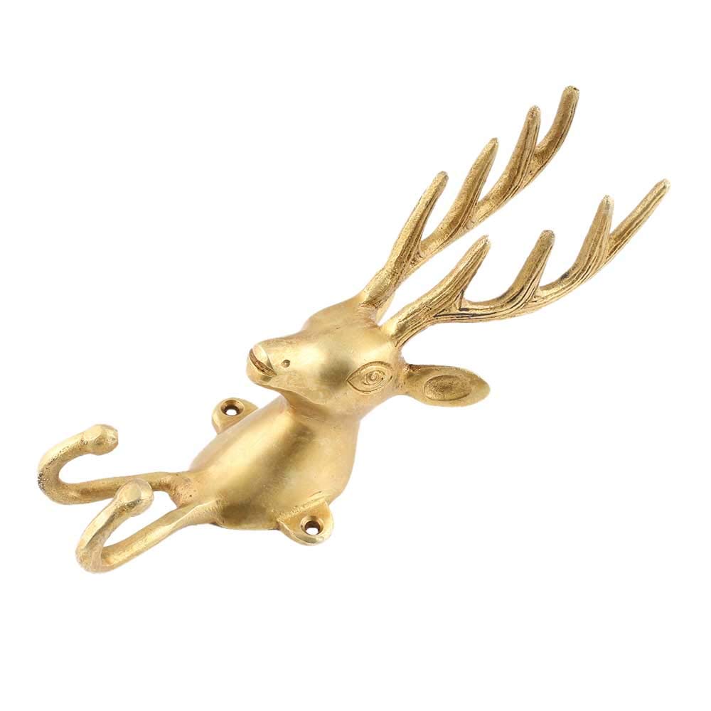 Vintage Brass Deer Antler Wall Hooks Set of 3 - Heavy Duty Key Holder & Decorative Coat Hooks for Bathroom, Entryway - Gold Antique Hooks for Hanging Towels, Bags, Keys, Hats, Backpacks, Purses - Perfect for Farmhouse, Rustic & Boho Home Decor