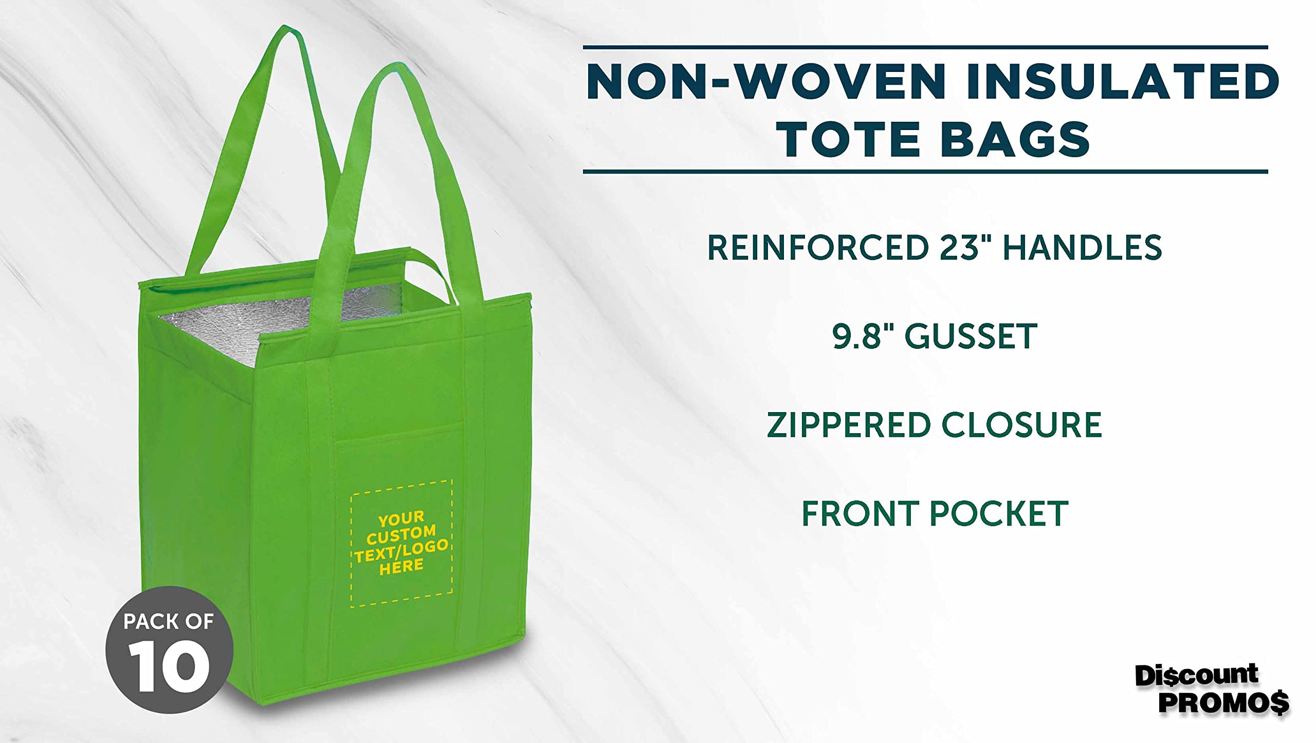 Custom Non-Woven Insulated Reusable Tote Bags - Bulk Pack of 10 Personalized Grocery Bags for Picnic, Camping, Beach & Outdoor Activities - Eco-Friendly Lime Green Shopping Bags for Groceries, Market & Travel