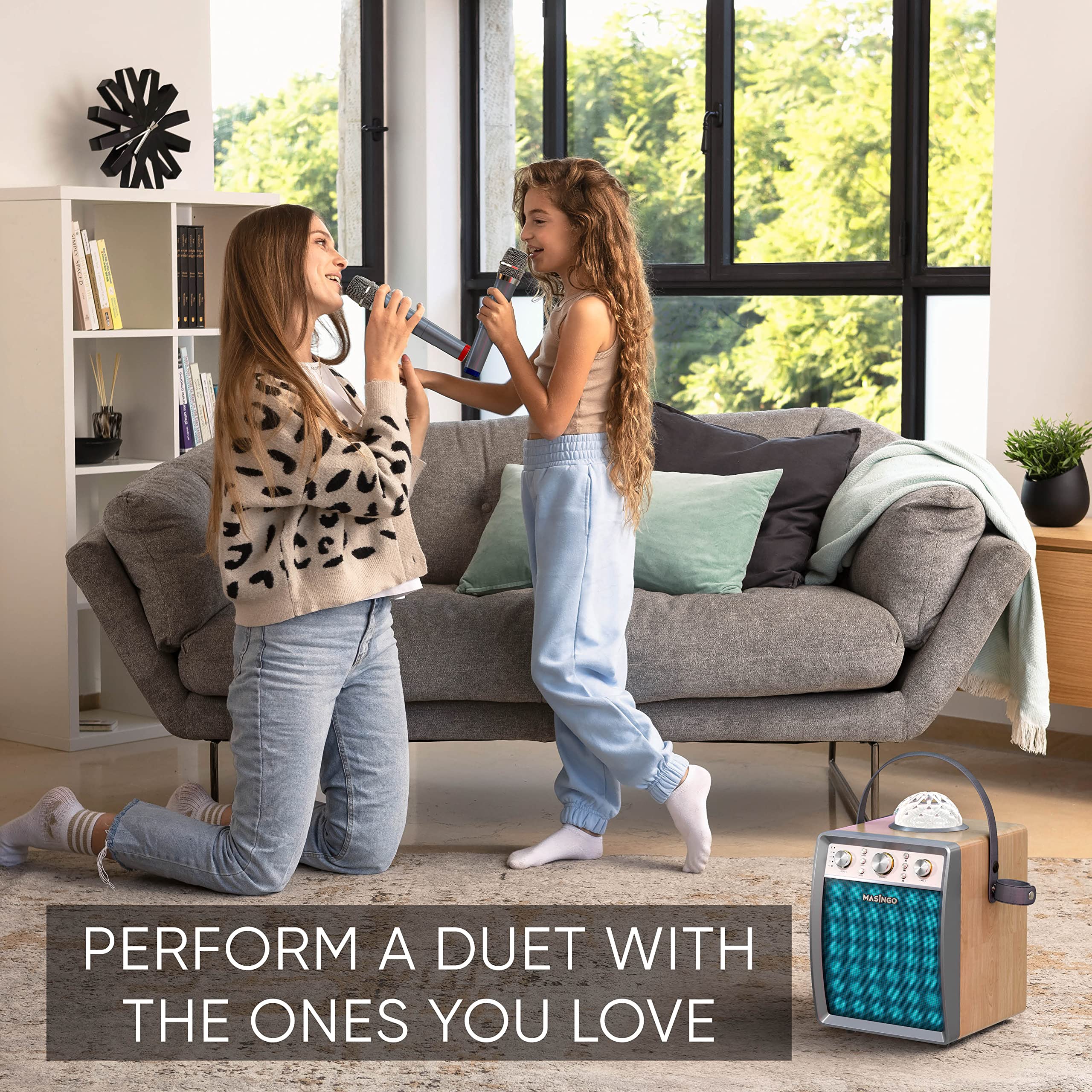 MASINGO M7 Portable Karaoke Machine with 2 Wireless Microphones - Bluetooth PA Speaker System with Disco Ball Party Lights & TV Cable for Adults & Kids - Perfect for Home Parties, Birthday Celebrations & Family Gatherings
