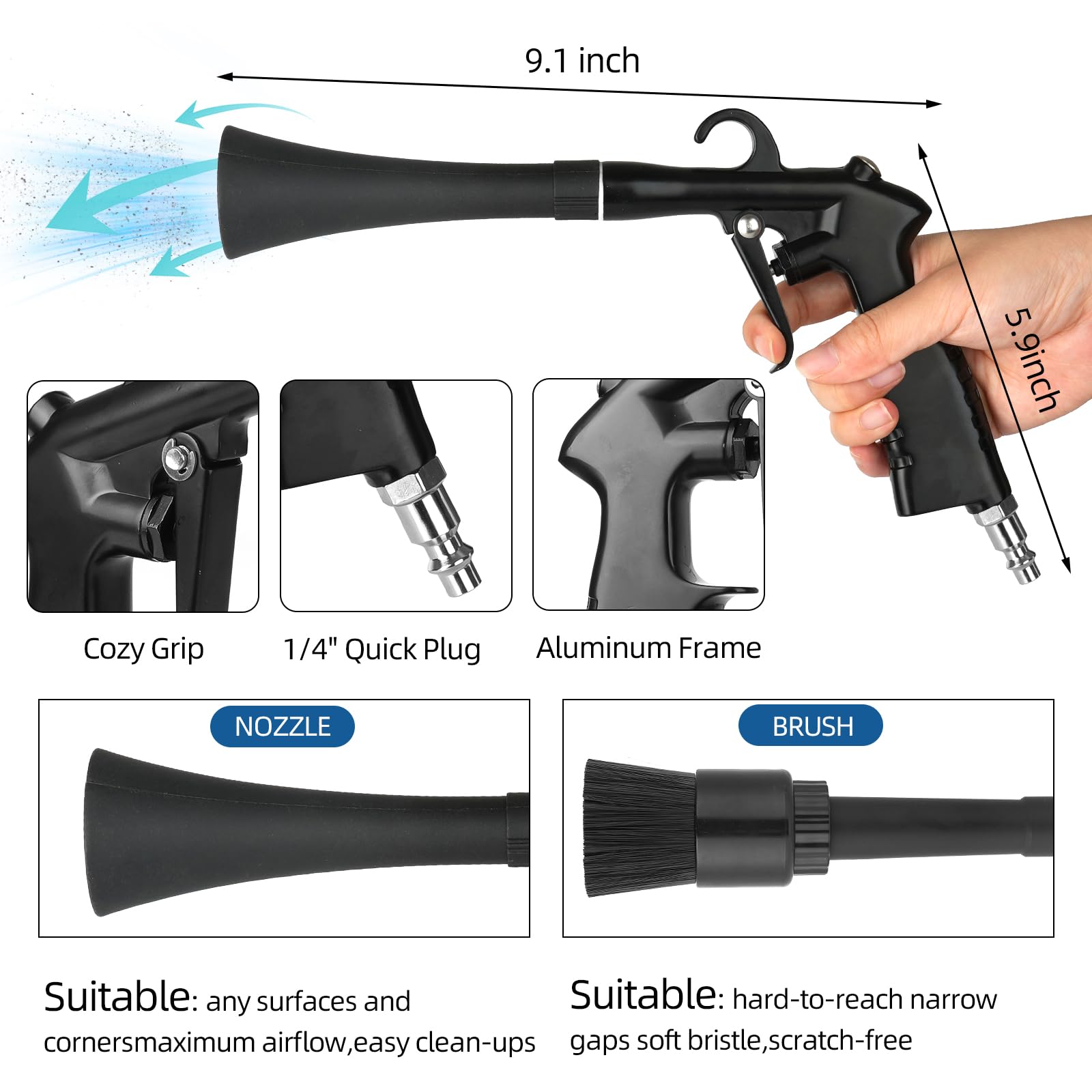 High Pressure Car Cleaning Gun - Detailing Air Blow Gun for Interior & Exterior, Car Dryer & Dust Blower with Nozzle & Detailing Brush - Compatible with Air Compressor - Perfect for Auto Detailing, Washing, and Quick Drying