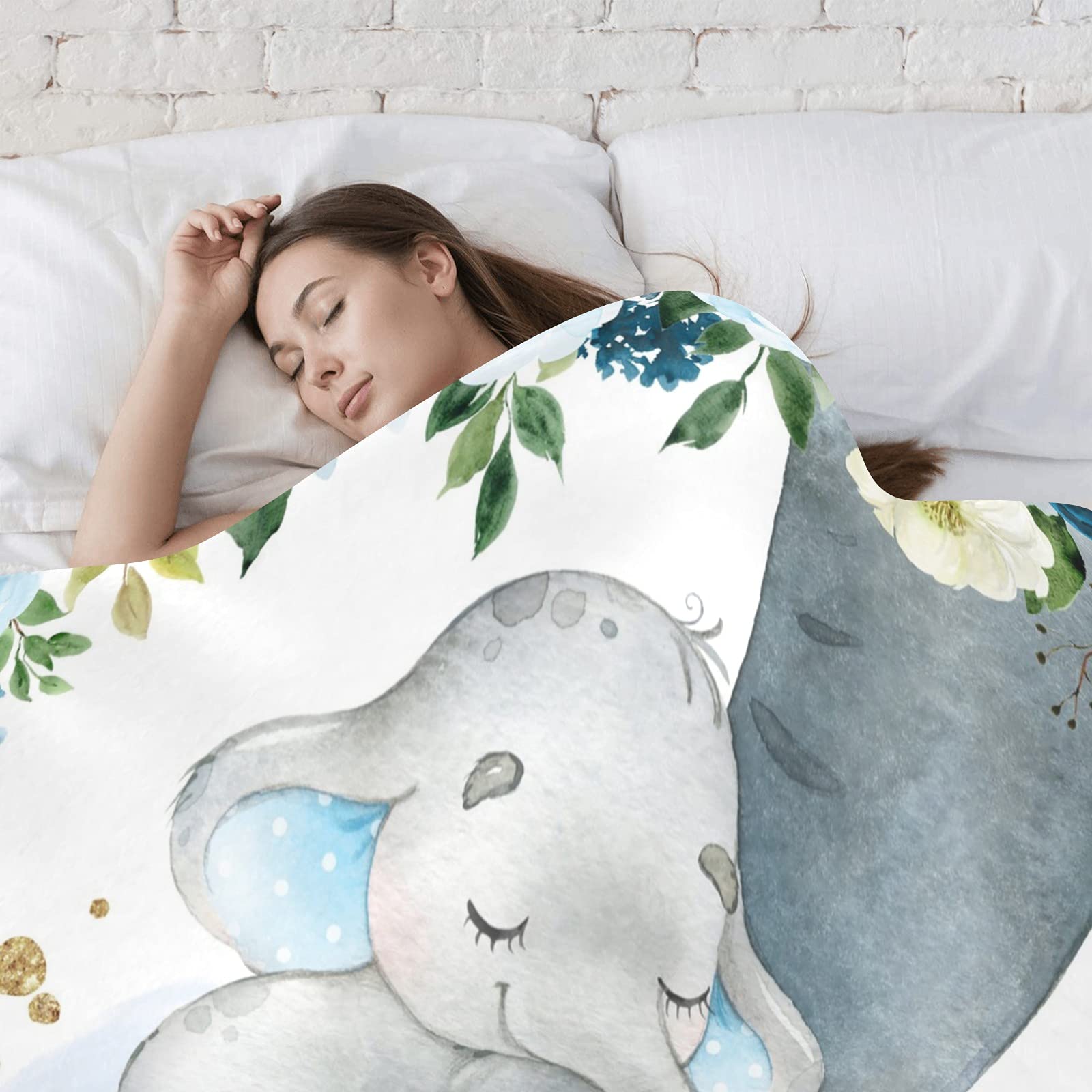 Personalized Baby Blanket with Blue Floral Elephant Design - Custom Name Soft Fleece Swaddling Blanket 30