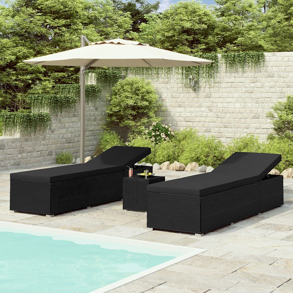 3 Piece Patio Sun Lounger Set with Tea Table - Black Poly Rattan Outdoor Lounge Reclining Couch - Durable Garden Patio Furniture for Poolside, Beach, Backyard & Balcony Relaxation