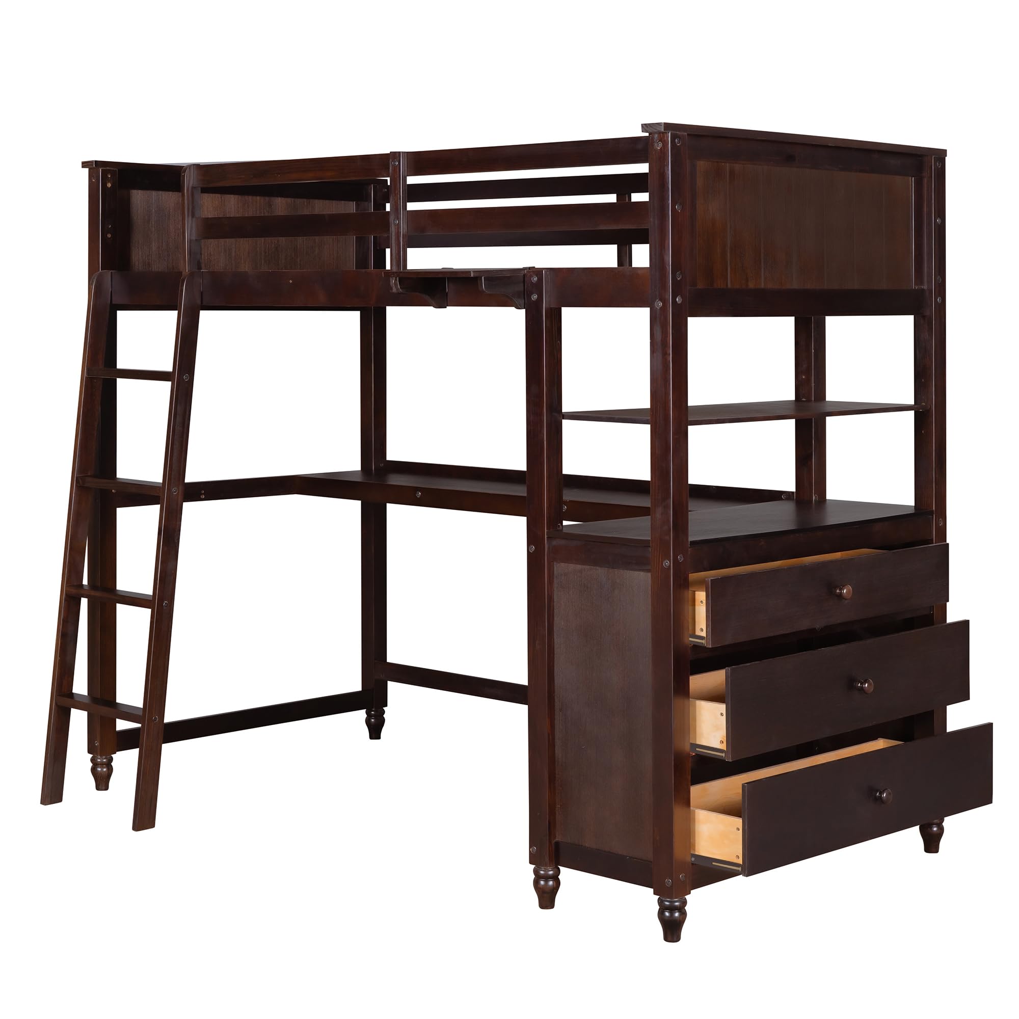 Harper & Bright Designs Twin Size Wooden Loft Bed with Desk, Dresser & Storage Drawers - Space-Saving Study & Sleep Solution for Kids, Teens & Adults - No Box Spring Needed - Espresso Finish - Perfect for Small Bedrooms, Dorm Rooms & Studio Apartments