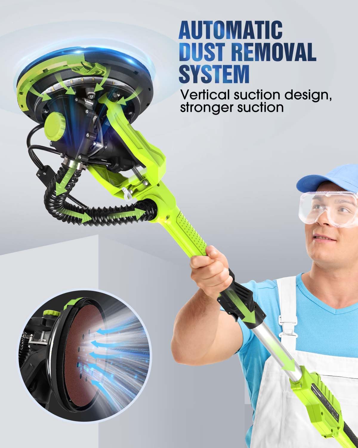 7.2A Electric Drywall Sander with Vacuum Dust Collection - 6 Speed Adjustable (900-1800 RPM), LED Light, Foldable Handle & 12 Sandpapers - Perfect for Home Renovation, Drywall Repair and DIY Projects