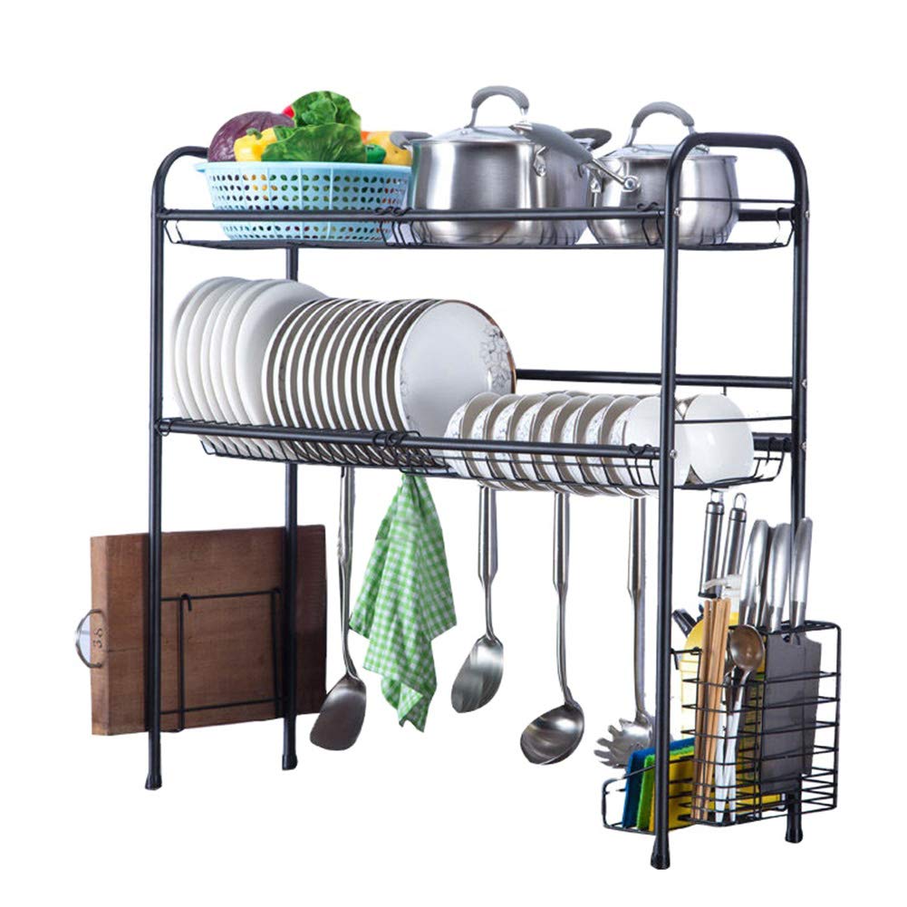 2-Tier Stainless Steel Over Sink Dish Drying Rack with Utensil Holder & Cutting Board - Space Saving Kitchen Organizer for Dishes, Cups & Cookware - Perfect for Small Kitchens, Apartments & RVs
