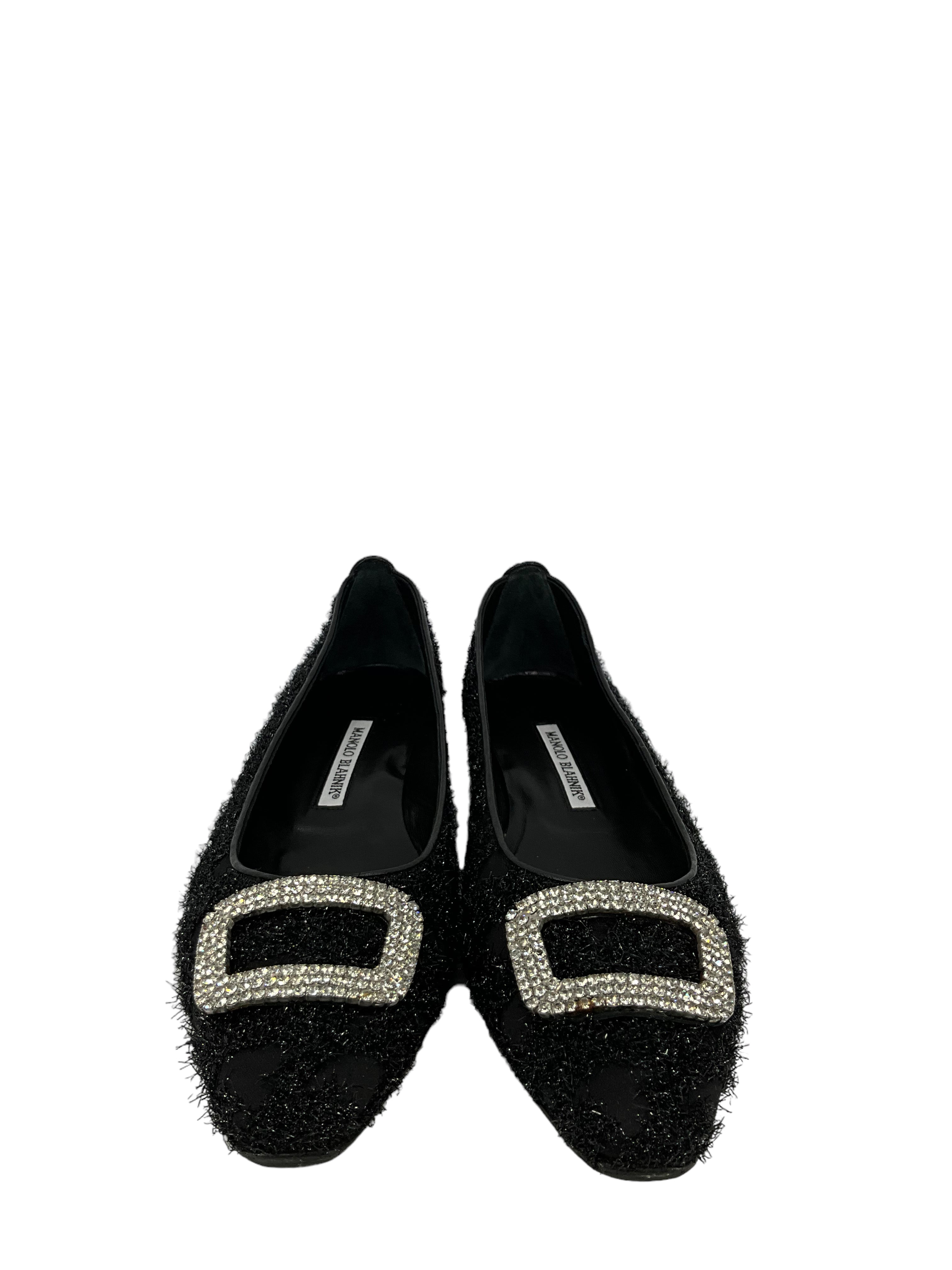Manolo Blahnik Black Textured Fabric Flats for Women - Size 11 | Comfortable & Stylish Ballet Flats for Work, Office & Casual Wear