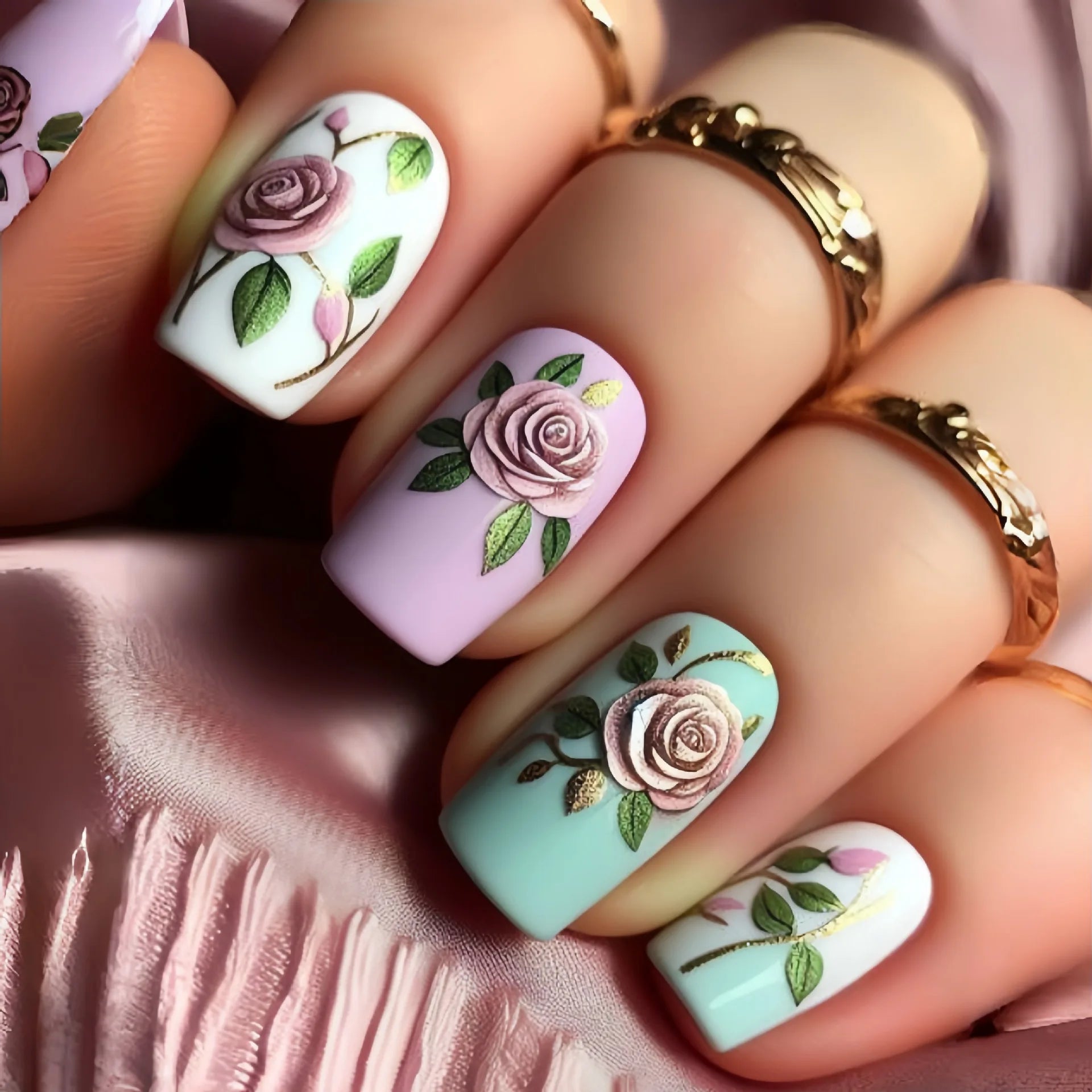 24Pcs Press on Nails - Medium Length Square Blue Coffin Fake Nails with Floral Spring Design, Easy to Apply Glue-on Nail Tips for Women | Perfect for Parties, Weddings & Daily Wear