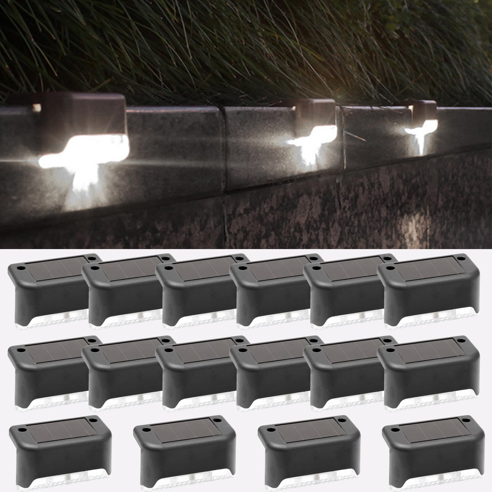 16 Pack Solar Fence Lights Outdoor Waterproof - Cool White LED Solar Step Lights for Stairs, Pathway, Yard & Patio Decor | Weatherproof Solar Powered Deck Lights for Garden, Backyard & Landscape Lighting