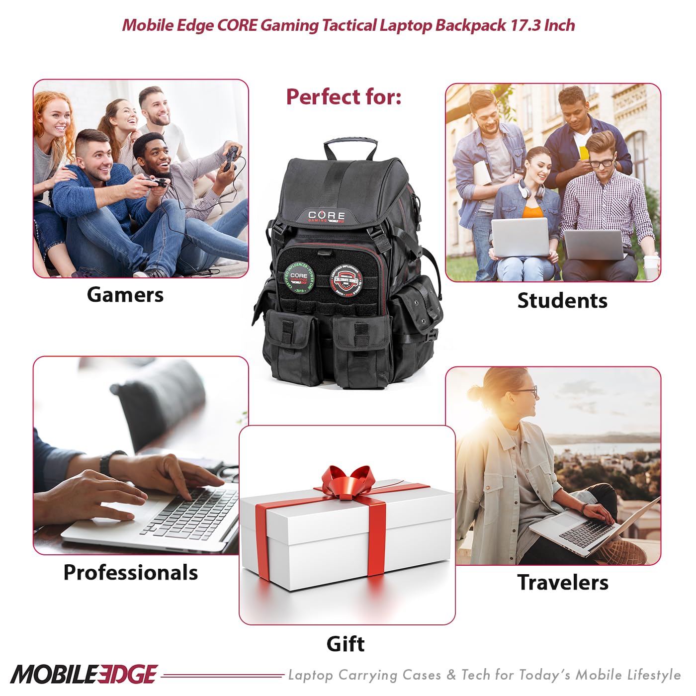 Core Gaming Tactical Backpack for Men & Women - 17 Inch Laptop Travel Backpack with Water-Resistant Cover - Durable Computer Gear Bag for Work, School & Travel - Large Black Backpack for Gamers & Professionals