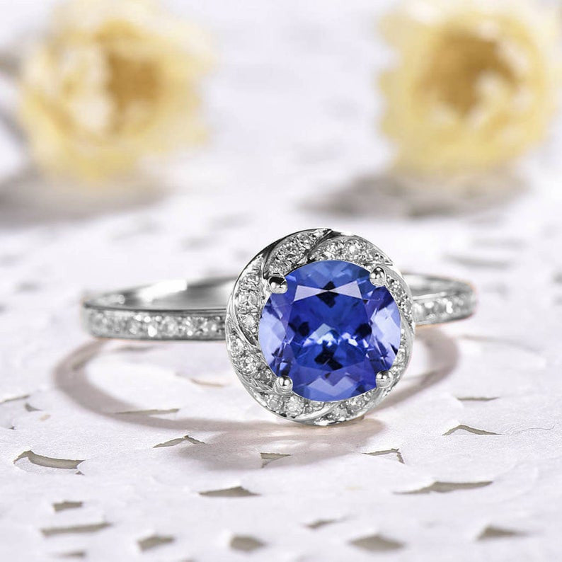 Blue Sapphire Diamond Halo Women's Engagement Ring - Vintage Art Deco Style for Wedding Proposal, Anniversary Gift & Bridal Jewelry