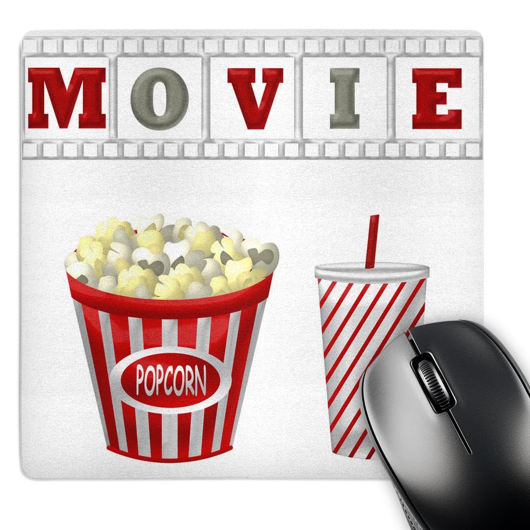 3D Rose Movie-Themed Mouse Pad with Popcorn & Soda Illustration - Red, White & Gray Matte Finish - 8 x 8 Inches - Perfect for Home Office, Gaming & Movie Nights