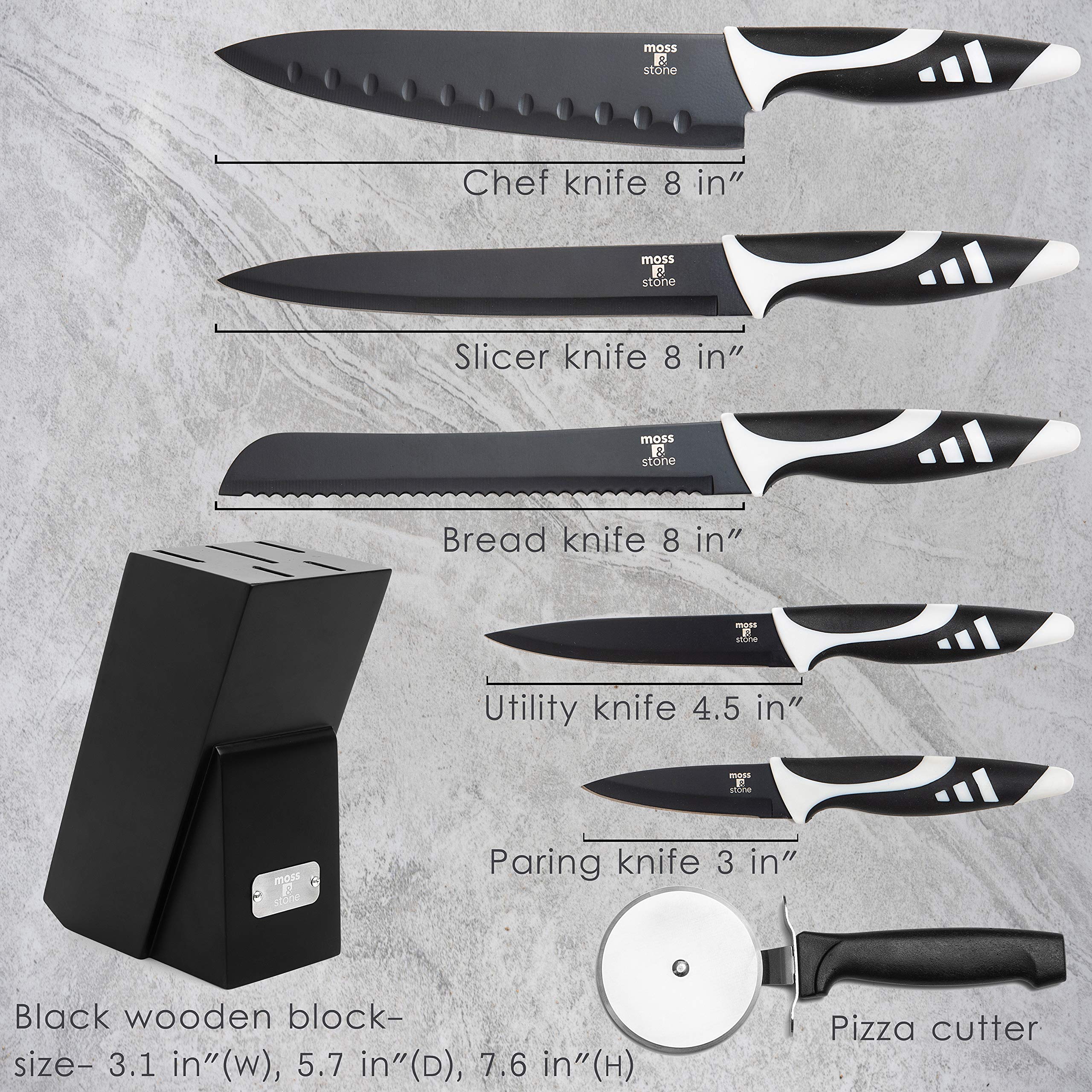 7-Piece Professional Kitchen Knife Set with Block - Black Titanium Plated Stainless Steel Chef Knives - Rust Proof & Scratch Resistant Sharp Knives for Cooking, Slicing, Dicing - Perfect for Home Chefs & Professional Kitchens