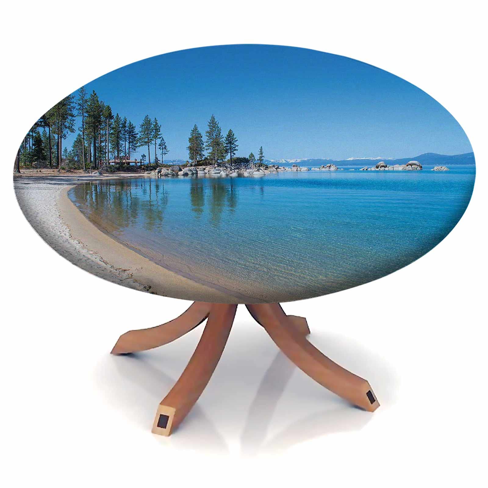 68 Inch Round Tablecloth - Stretchable Lake Tahoe Design in Azure Blue & Coconut Forest Green - Fits Tables 56 to 64 Inches Diameter - Perfect for Home Dining, Catering Events & Outdoor Parties