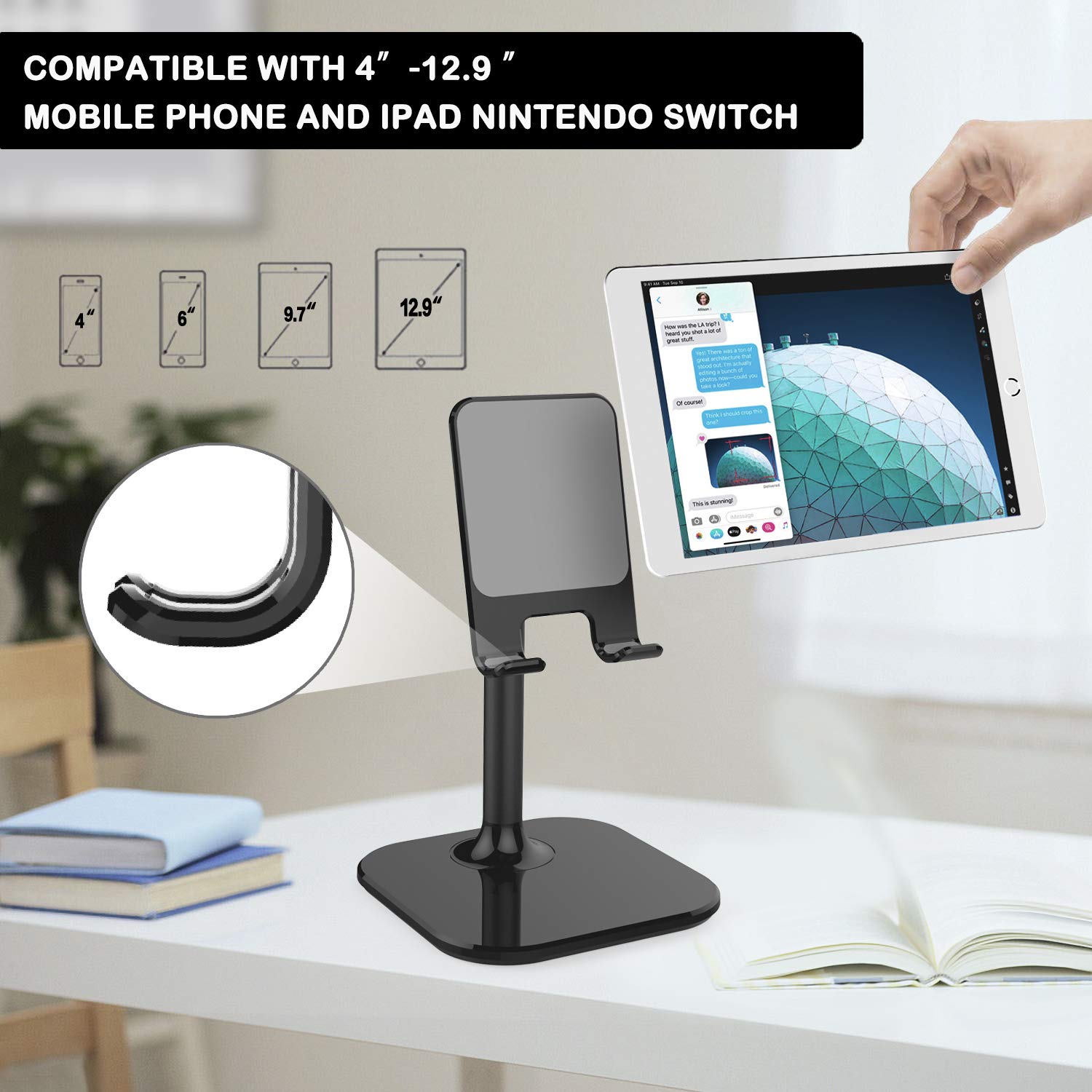 Doboli Adjustable Cell Phone Stand for Desk - Universal Phone Holder Compatible with iPhone, Samsung, All Smartphones & Tablets (Black) - Perfect for Home Office, Video Calls & Hands-Free Viewing