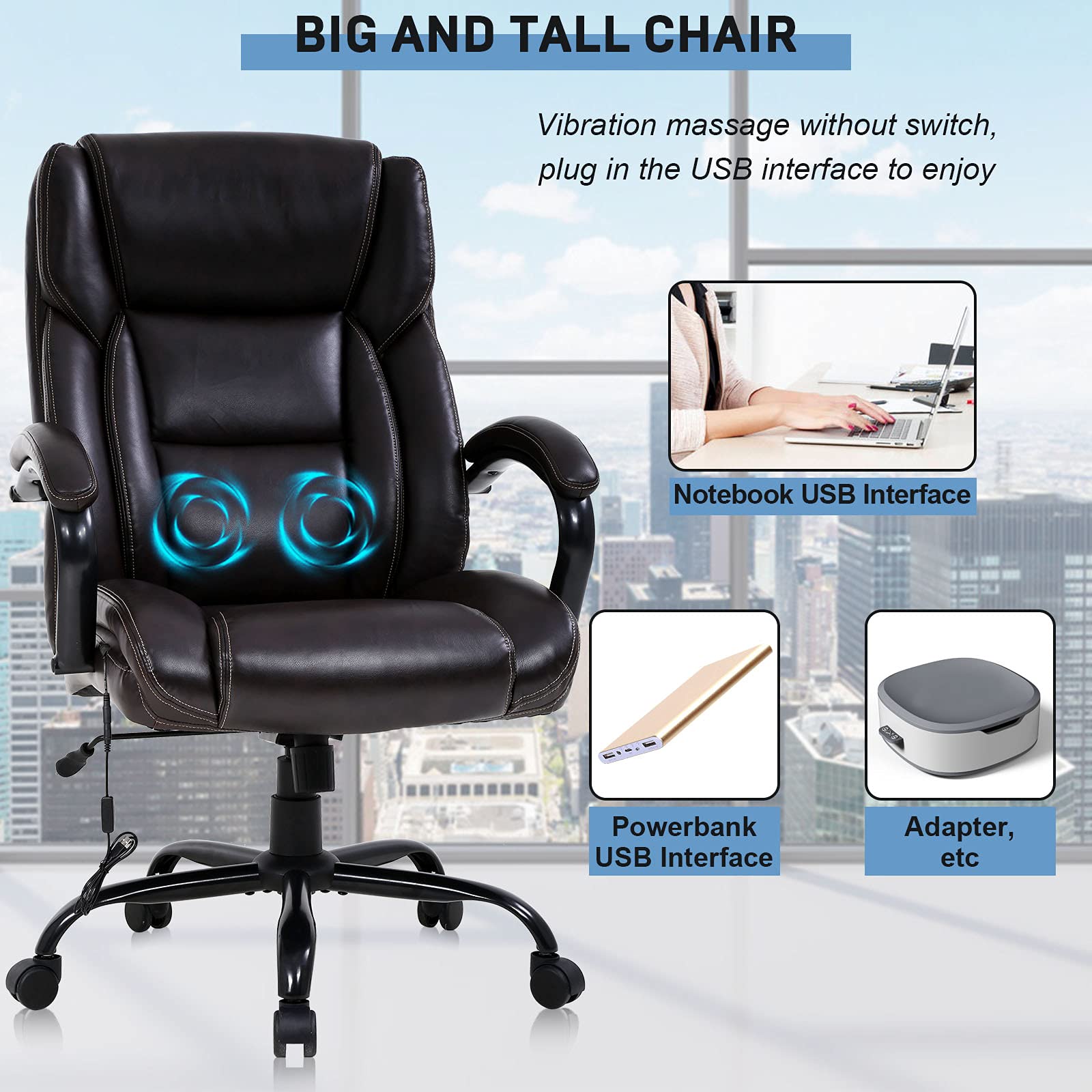 Big and Tall Office Chair Heavy Duty 500 lbs Capacity - Wide Seat Ergonomic Computer Chair with Massage, Padded Armrests & Lumbar Support - Modern Rolling Swivel Desk Chair for Home Office, Gaming & Workspace (Black)