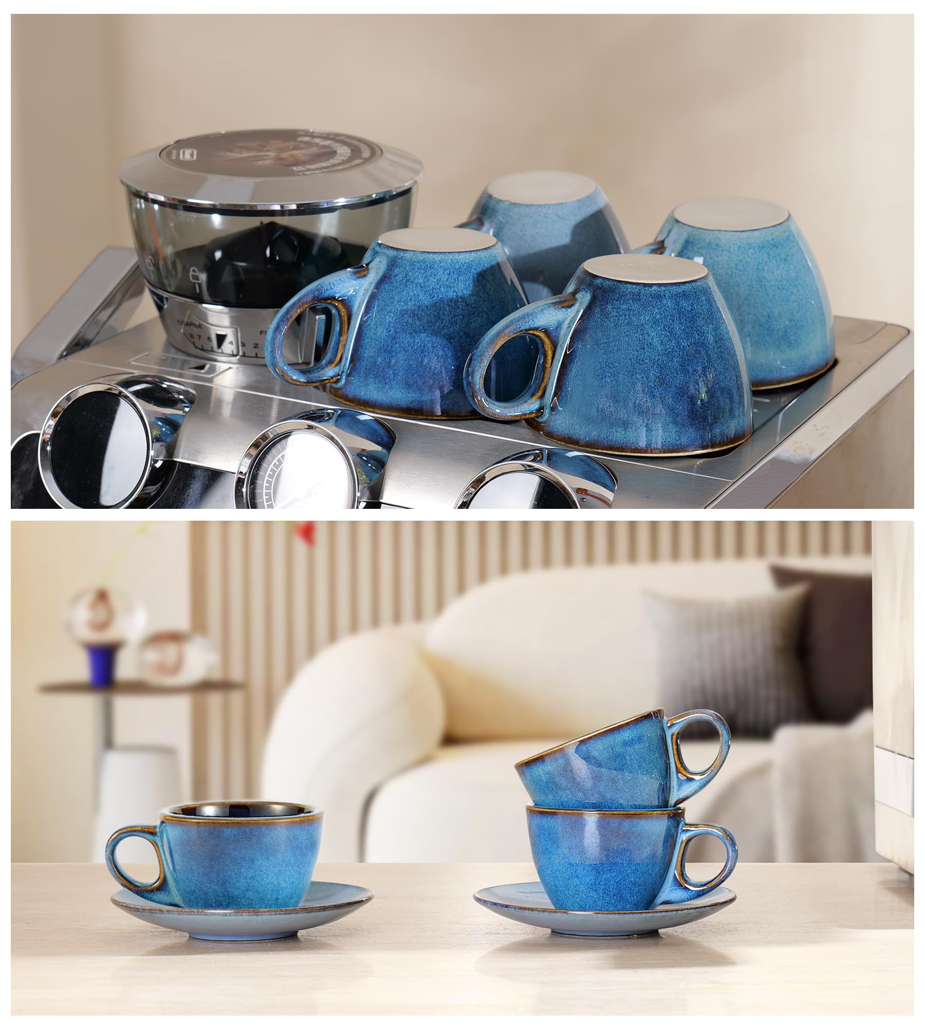 8 Oz Cappuccino Cups Set of 4 - Thick-Walled Insulated Ceramic Coffee Mugs with Saucers & Stand - Porcelain Tea, Latte & Espresso Cups - Perfect for Home Kitchen, Cafe or Office Use - Elegant Blue Design