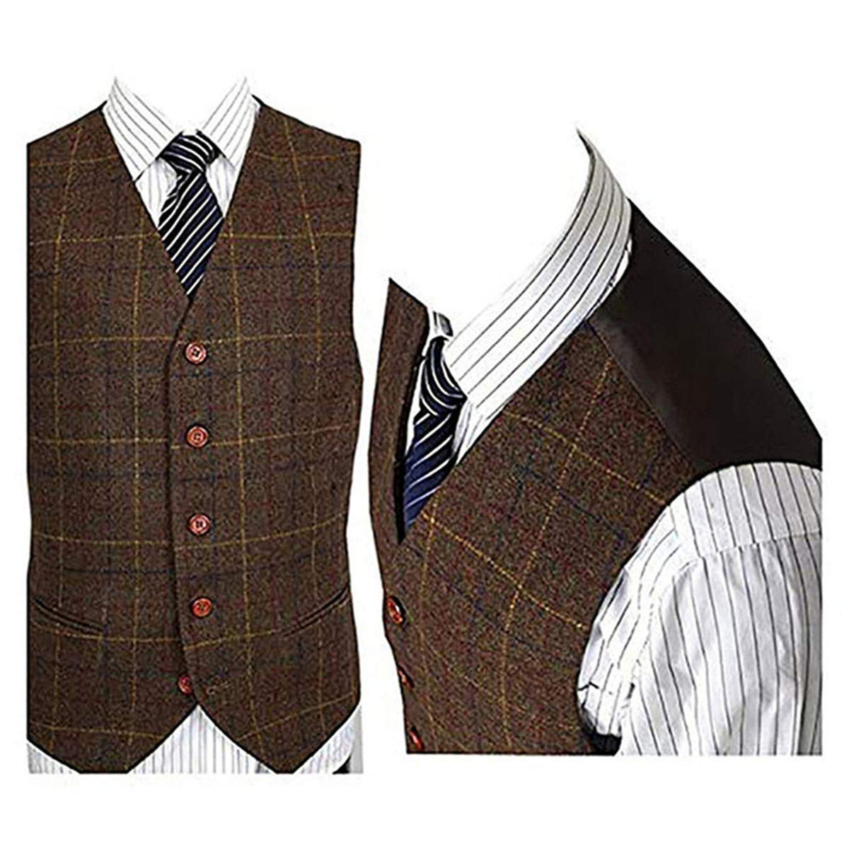 Premium Men's Wool Blend Tweed Waistcoat - Herringbone Check Plaid Vest with 5 Buttons | Formal & Casual Wear for Weddings, Office & Outdoor Events