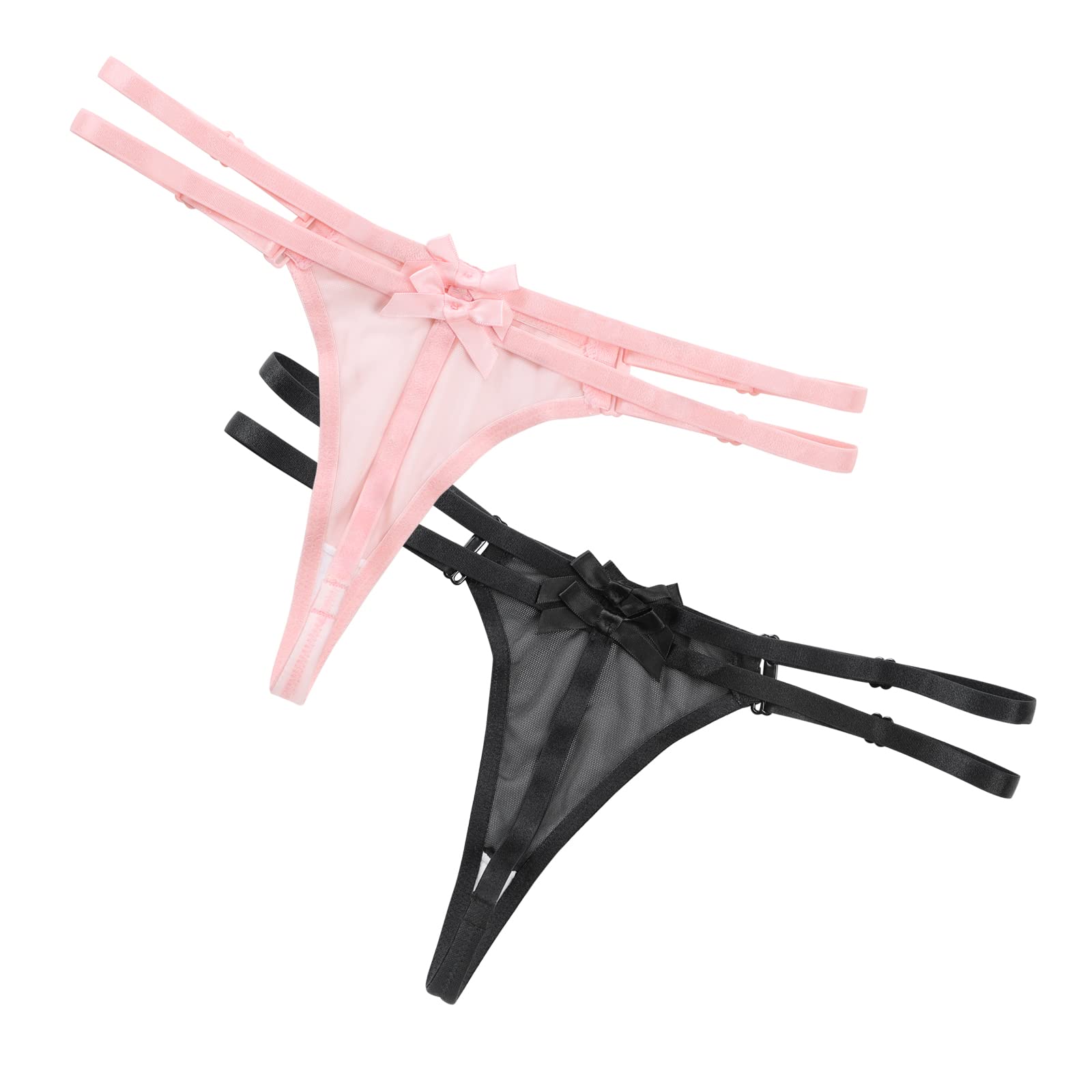 Littleforbig Women's Mesh Underwear Delilah Two Strap Style 2 Pack Bow-Back Luxury Lingerie Thong - Sexy Comfort for Date Night & Special Occasions