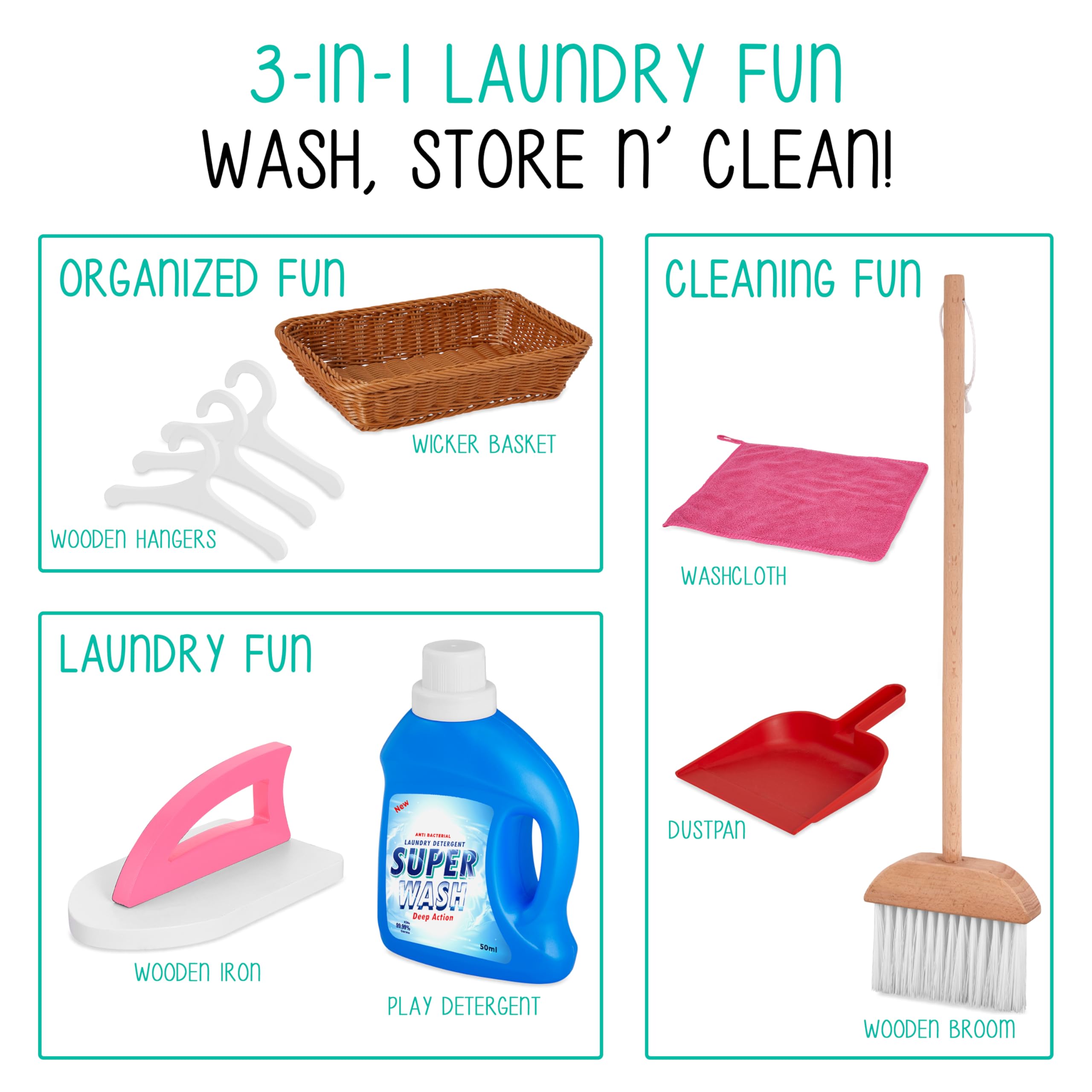 Lil' Jumbl Kids Washer and Dryer Playset - Wooden Pretend Laundry Toy Set with Broom, Dustpan, Iron, Hangers & Basket - Realistic Laundry Room Playset for Toddlers & Preschoolers - Pink - Perfect for Imaginative Play, Role-Playing & Early Learning Activities