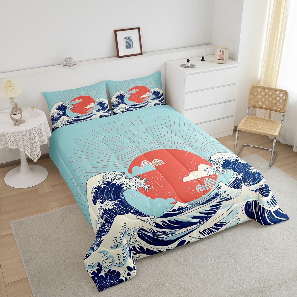 Erosebridal Japanese Style Sea Wave Comforter Set Twin Size - Mount Fuji Ocean Theme Duvet Cover, Super Soft Breathable Bedding in Red, Yellow & Blue | Perfect for Coastal Themed Bedrooms, Guest Rooms & Vacation Homes