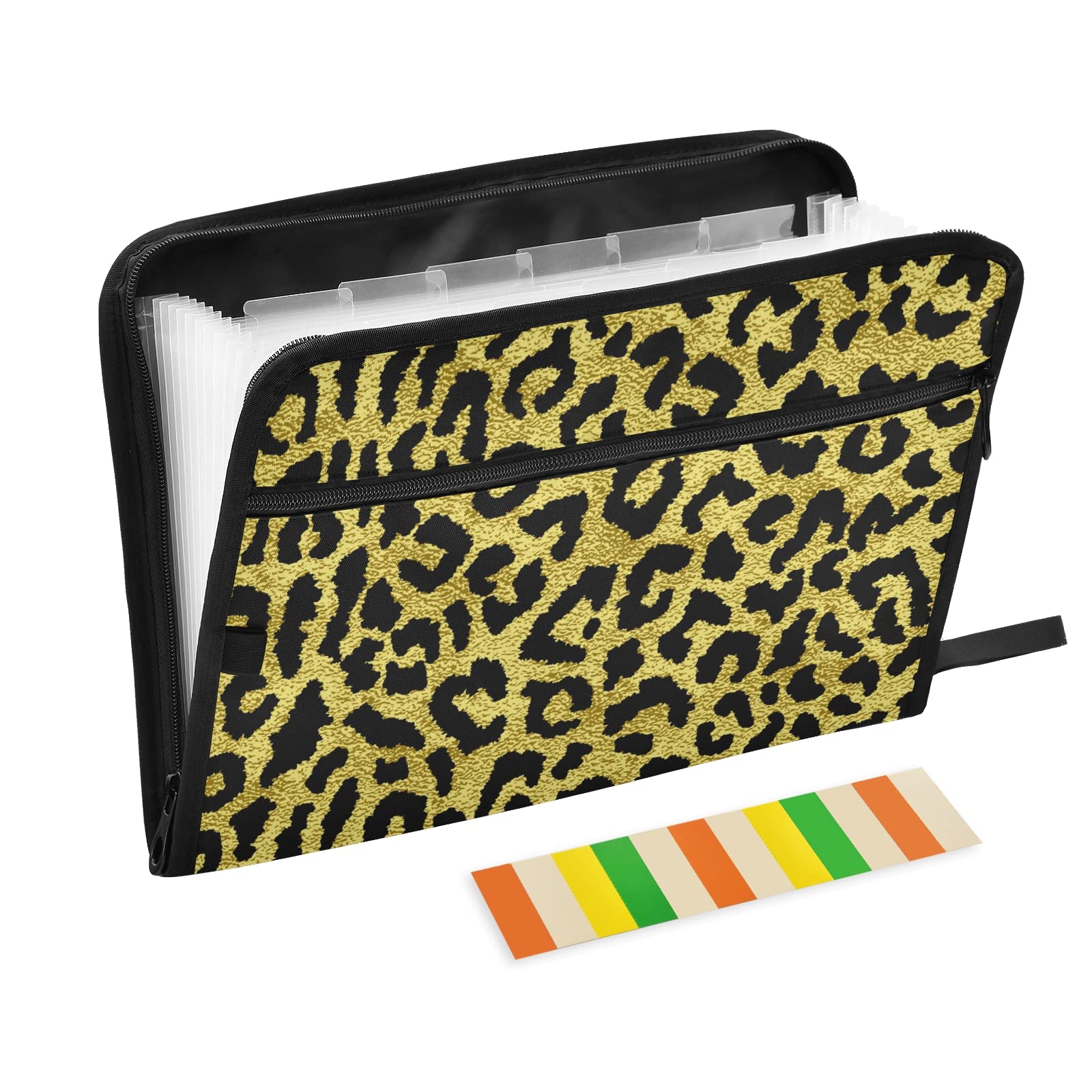 UMIRIKO Black Leopard 13-Pocket Expanding File Folder with Sticky Labels - Accordion Organizer for A4/Letter Size Documents - Zippered Closure (20241912) | Perfect for Office, School & Home Organization
