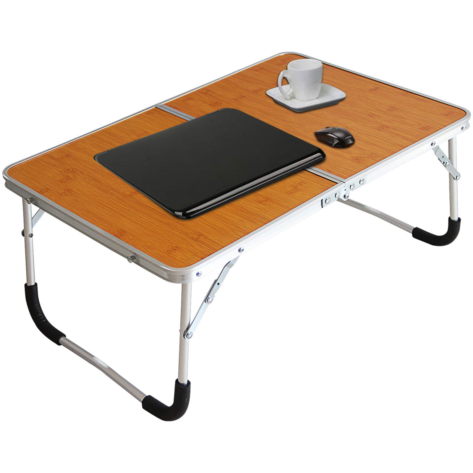 Foldable Bamboo Wood Grain Laptop Table - Portable Bed Desk & Breakfast Tray with Inner Storage | Lightweight Folding Design for Home Office, Dorm Room, Picnic & Outdoor Use